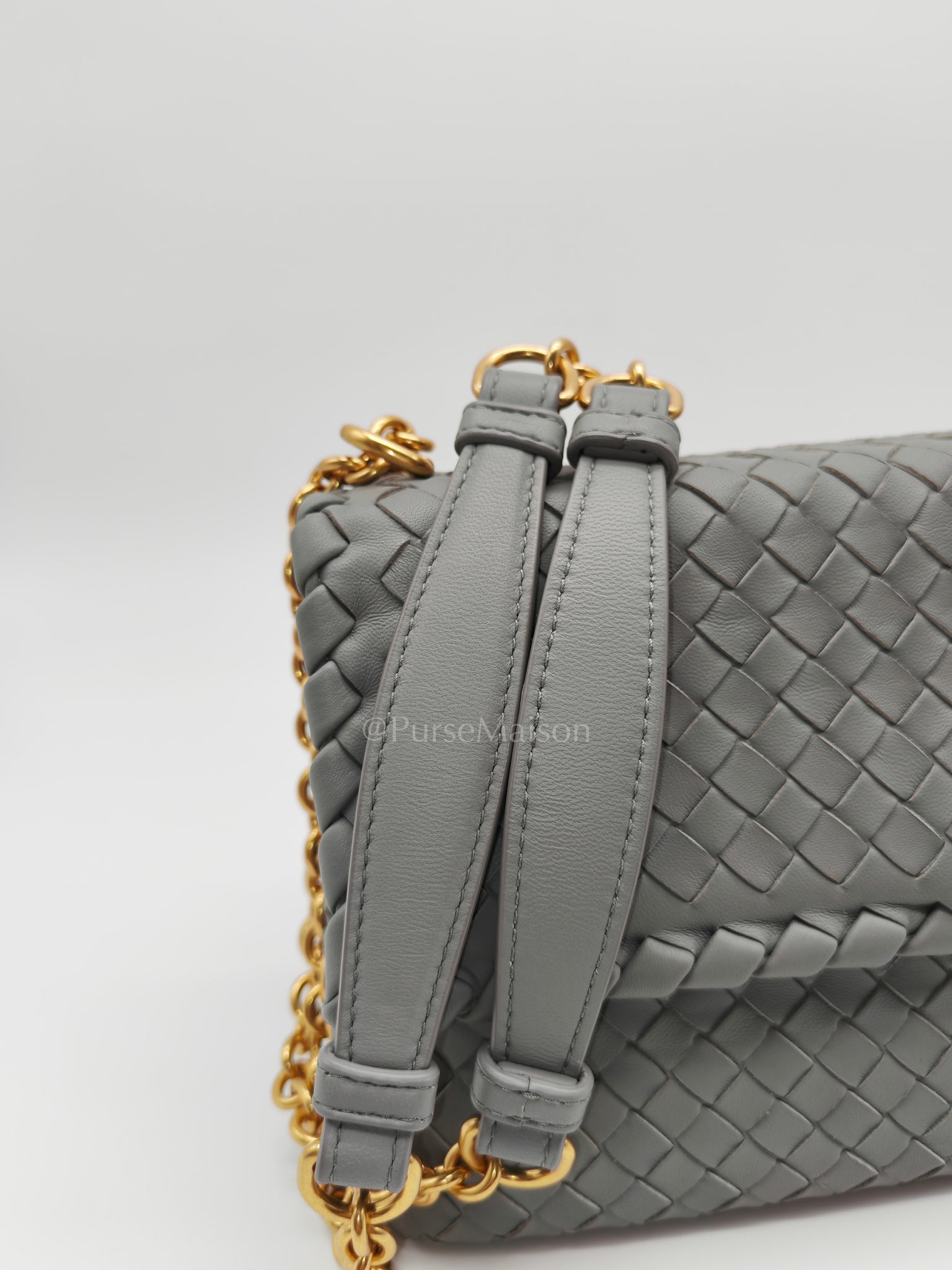 Olimpia Bag Small in Gray Intrecciato Nappa Leather & Gold Hardware | Purse Maison Luxury Bags Shop