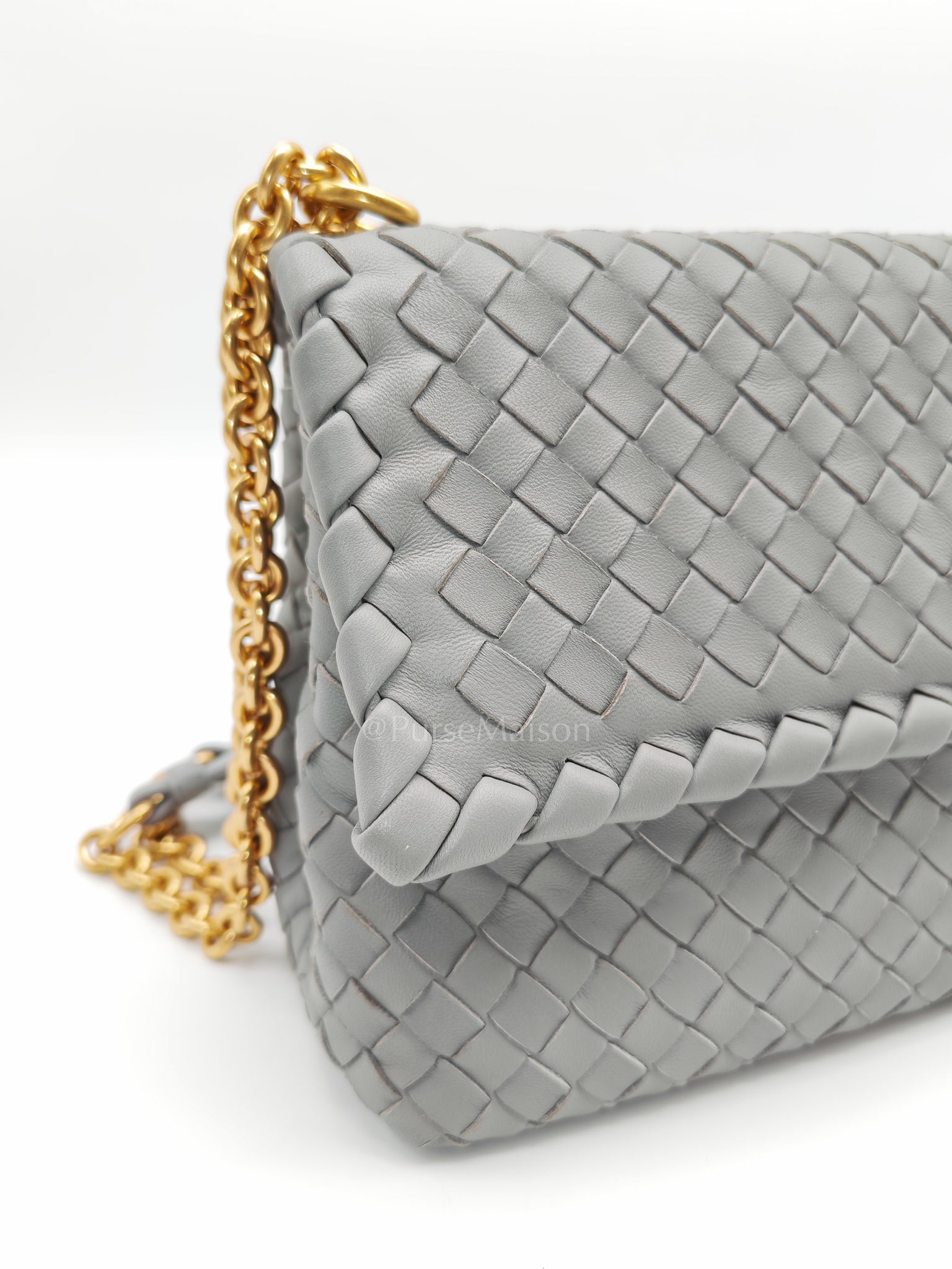 Olimpia Bag Small in Gray Intrecciato Nappa Leather & Gold Hardware | Purse Maison Luxury Bags Shop