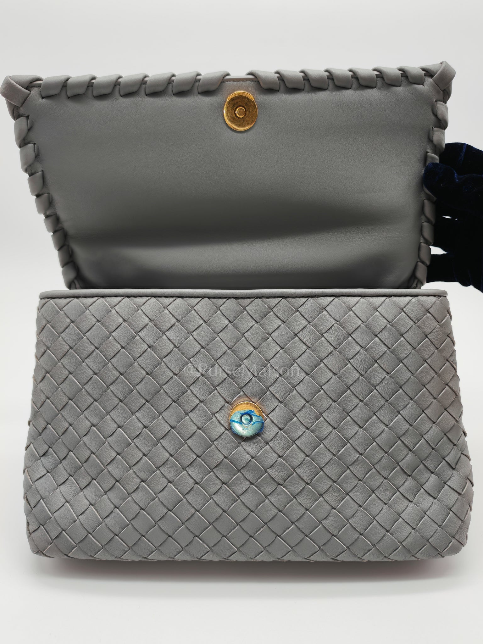Olimpia Bag Small in Gray Intrecciato Nappa Leather & Gold Hardware | Purse Maison Luxury Bags Shop
