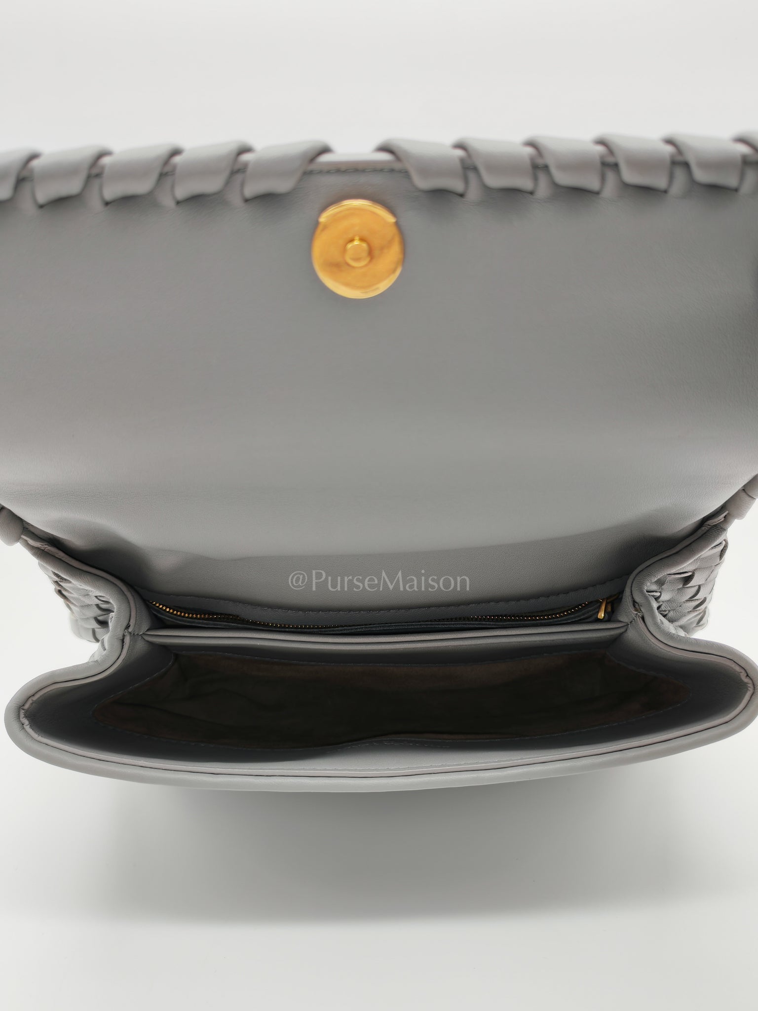 Olimpia Bag Small in Gray Intrecciato Nappa Leather & Gold Hardware | Purse Maison Luxury Bags Shop