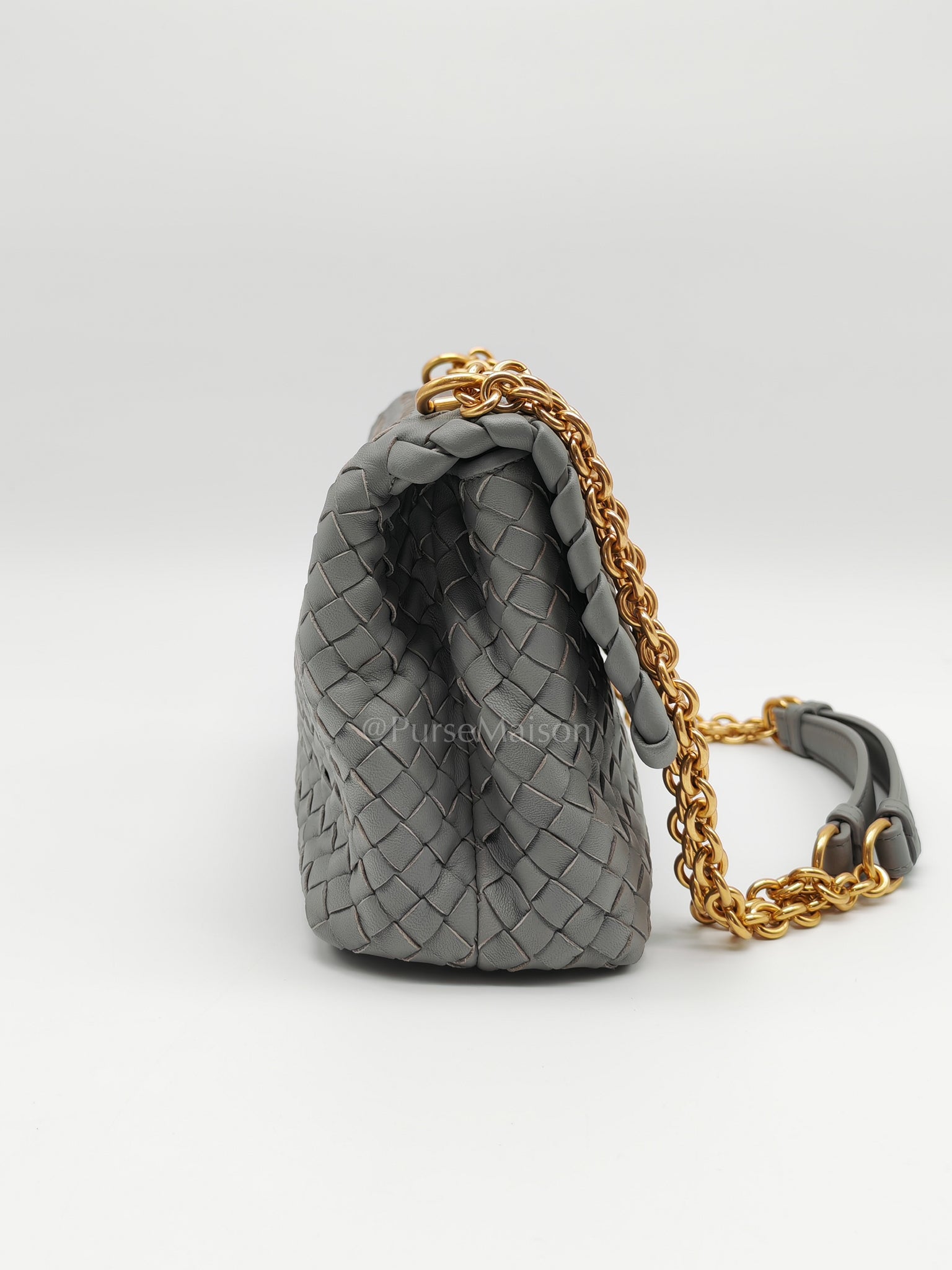 Olimpia Bag Small in Gray Intrecciato Nappa Leather & Gold Hardware | Purse Maison Luxury Bags Shop