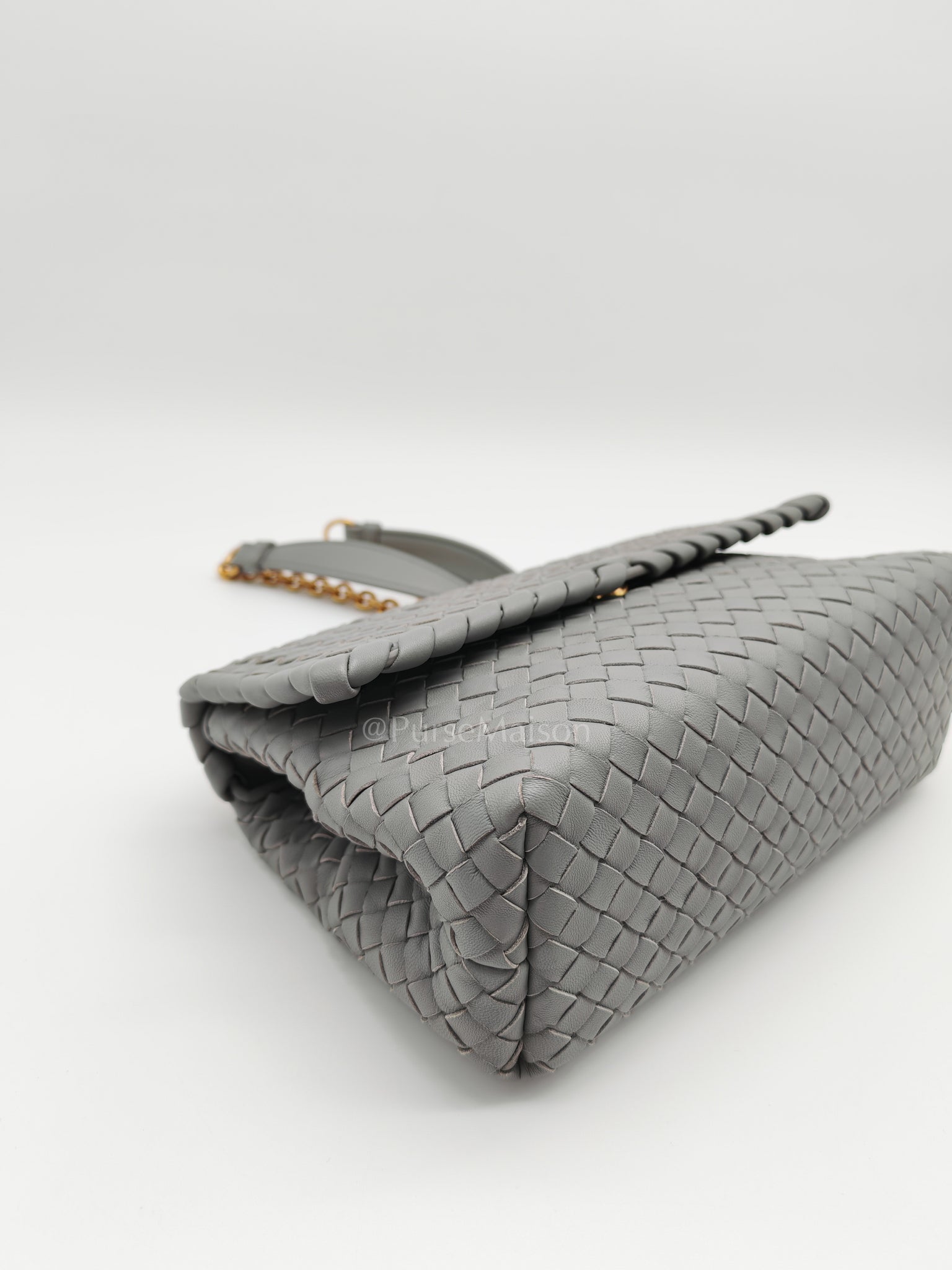 Olimpia Bag Small in Gray Intrecciato Nappa Leather & Gold Hardware | Purse Maison Luxury Bags Shop