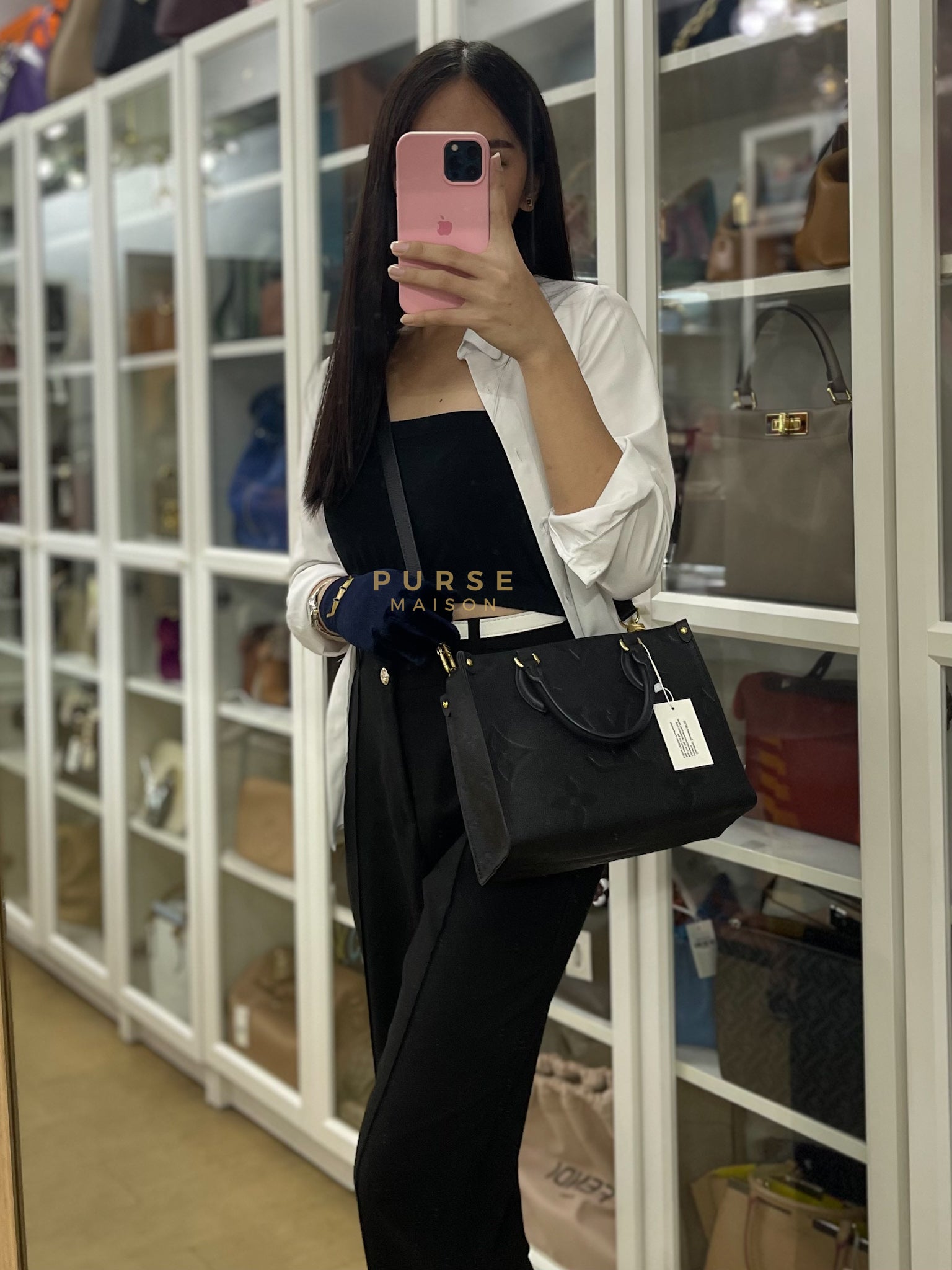 On The Go PM in Black Monogram Canvas & Gold Hardware Microchip | Purse Maison Luxury Bags Shop