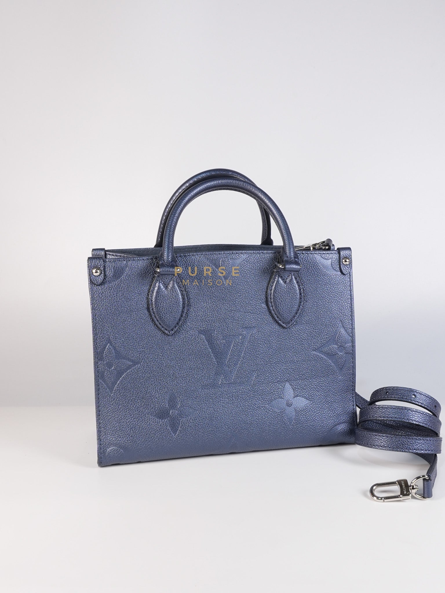 OnTheGo (OTG) PM Navy Nacre Metallic Empreinte Giant Monogram (Microchip) | Purse Maison Luxury Bags Shop
