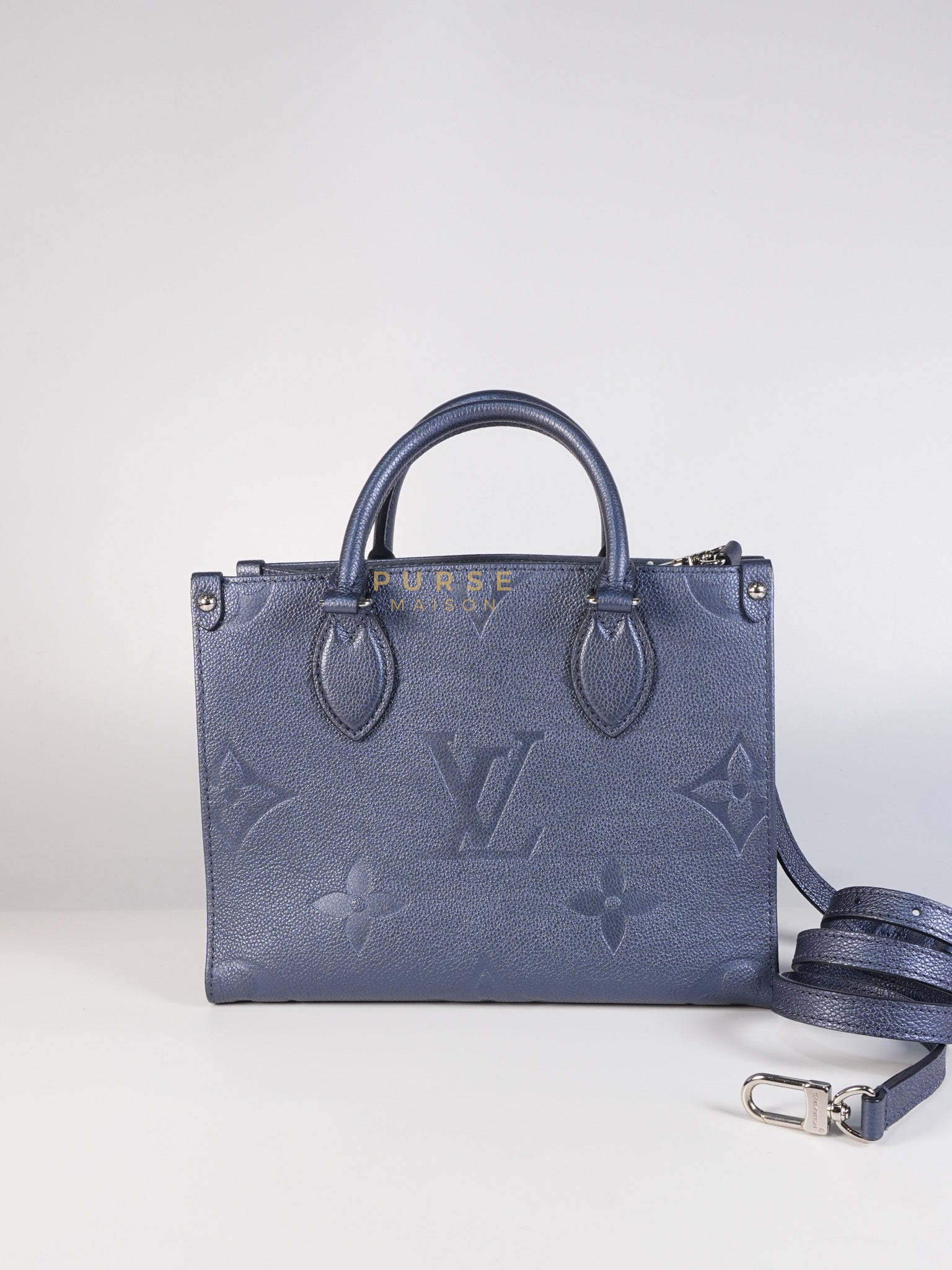 OnTheGo (OTG) PM Navy Nacre Metallic Empreinte Giant Monogram (Microchip) | Purse Maison Luxury Bags Shop