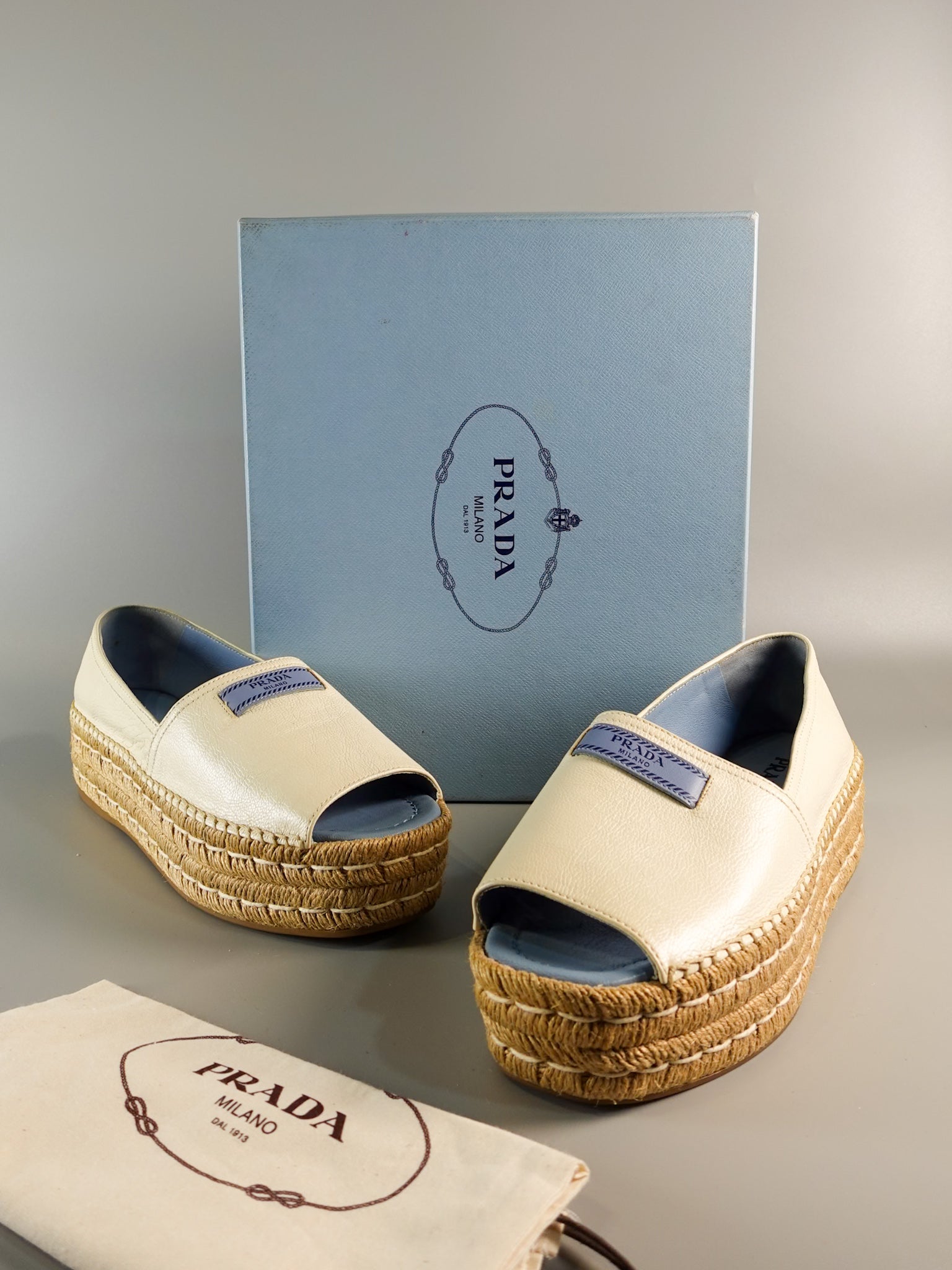 現行品　Prada Peep Toe Espadrilles ホワイトレザー Open Toe Platform Espadrilles in Off White Size 40 (26.5cm)
