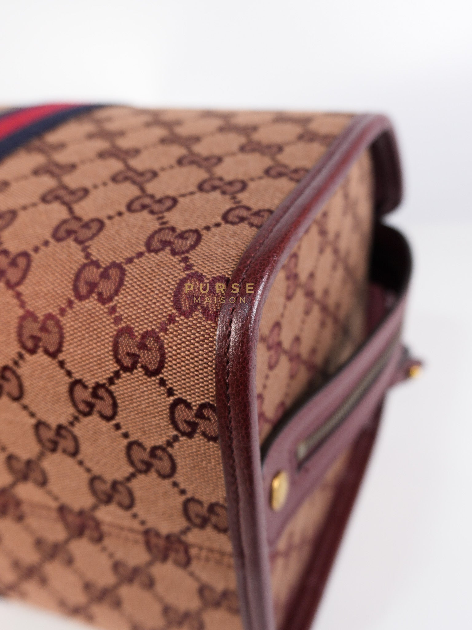 Ophidia GG Hand Shoulder Bag in Burgundy Supreme Canvas & Aged Gold Hardware | Purse Maison Luxury Bags Shop
