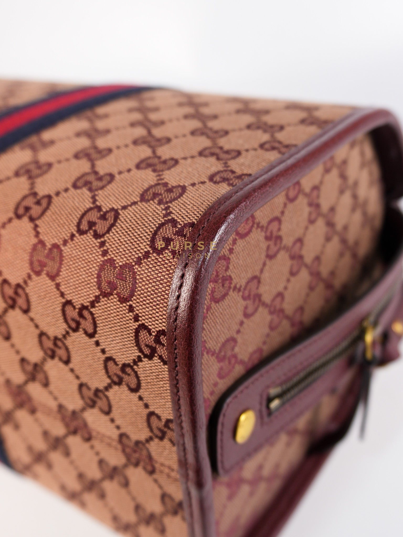 Ophidia GG Hand Shoulder Bag in Burgundy Supreme Canvas & Aged Gold Hardware | Purse Maison Luxury Bags Shop