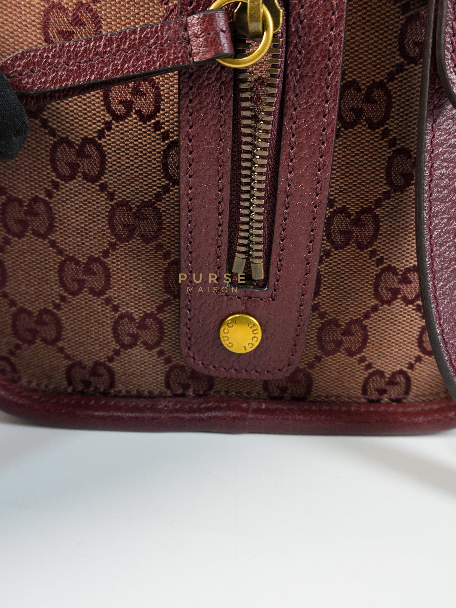 Ophidia GG Hand Shoulder Bag in Burgundy Supreme Canvas & Aged Gold Hardware | Purse Maison Luxury Bags Shop