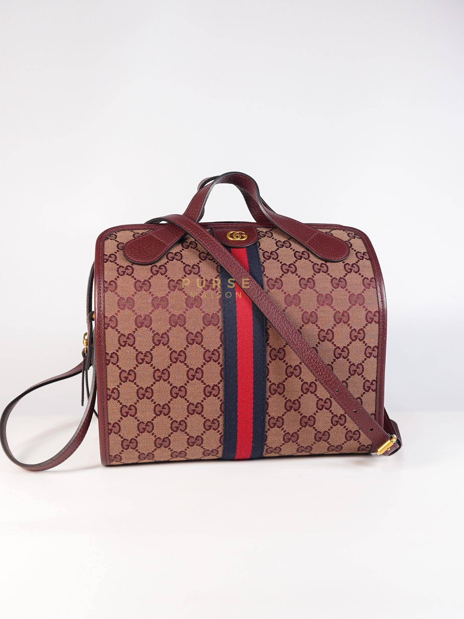 Ophidia GG Hand Shoulder Bag in Burgundy Supreme Canvas & Aged Gold Hardware | Purse Maison Luxury Bags Shop