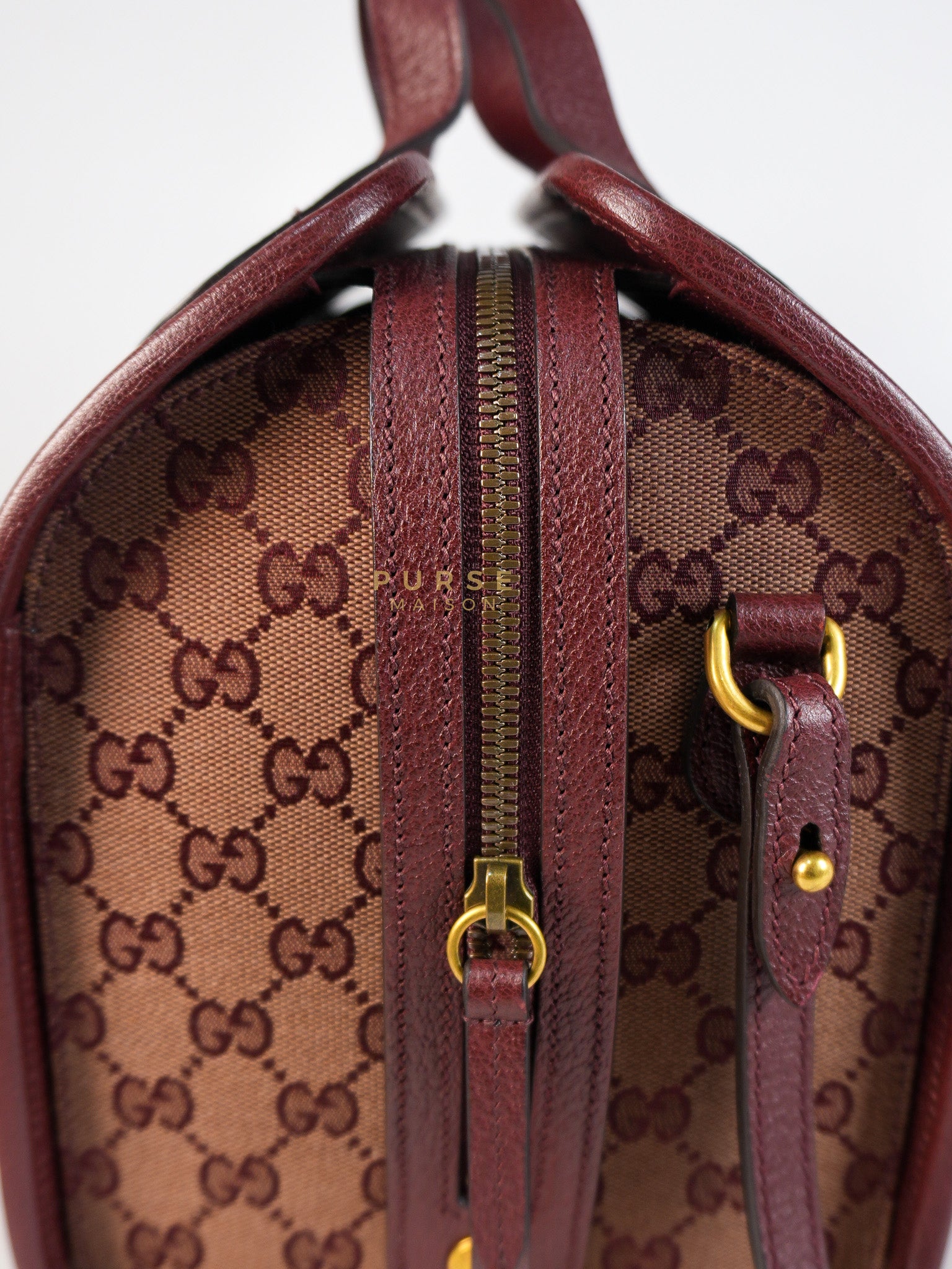 Ophidia GG Hand Shoulder Bag in Burgundy Supreme Canvas & Aged Gold Hardware | Purse Maison Luxury Bags Shop
