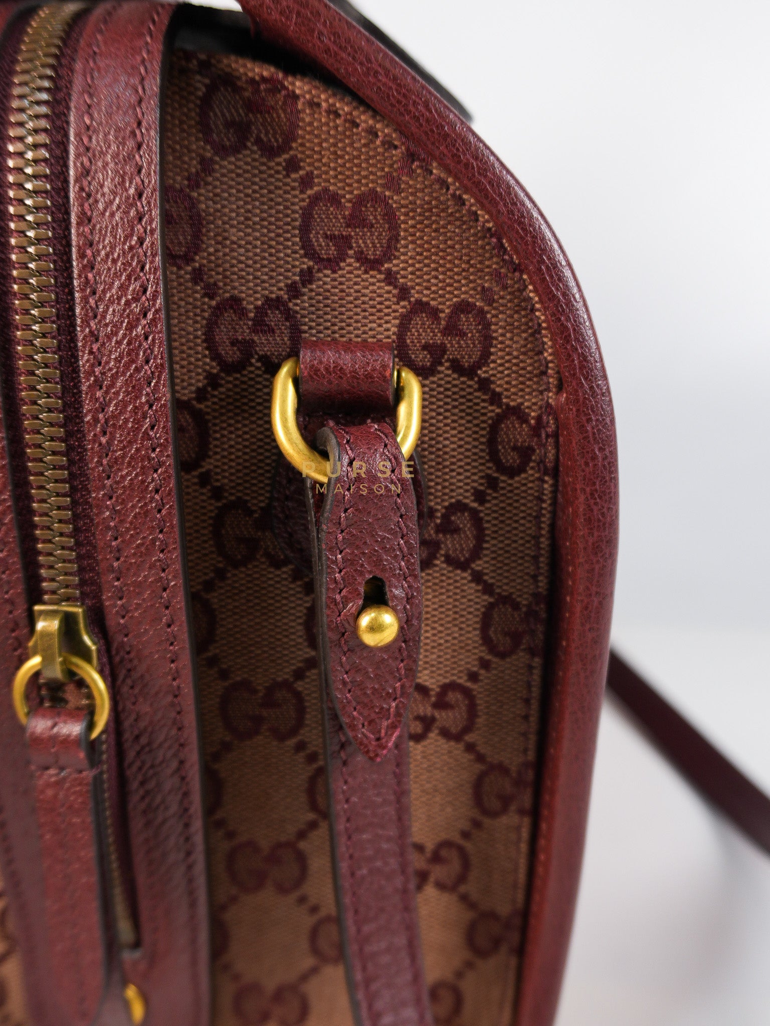 Ophidia GG Hand Shoulder Bag in Burgundy Supreme Canvas & Aged Gold Hardware | Purse Maison Luxury Bags Shop