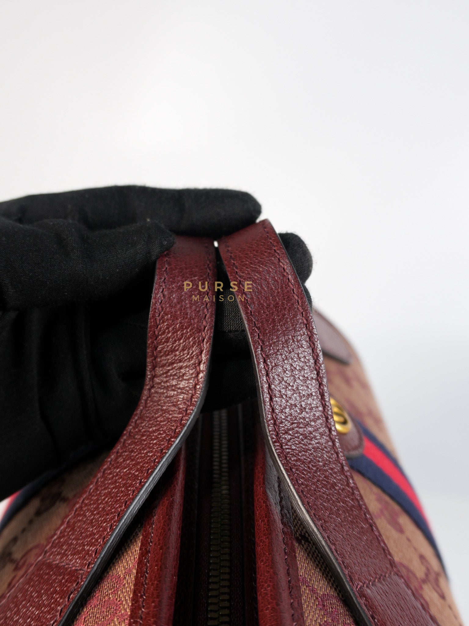 Ophidia GG Hand Shoulder Bag in Burgundy Supreme Canvas & Aged Gold Hardware | Purse Maison Luxury Bags Shop
