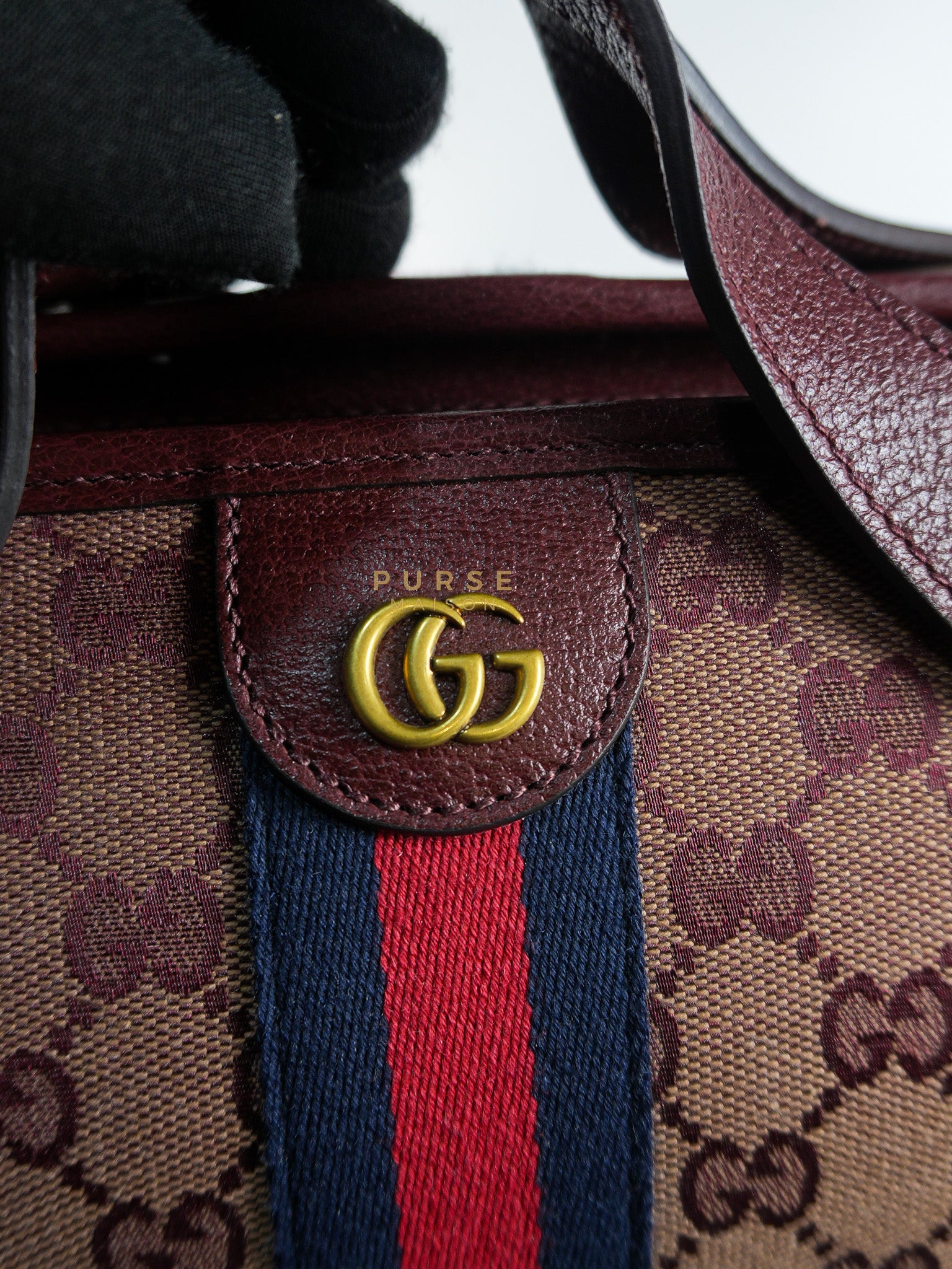 Ophidia GG Hand Shoulder Bag in Burgundy Supreme Canvas & Aged Gold Hardware | Purse Maison Luxury Bags Shop