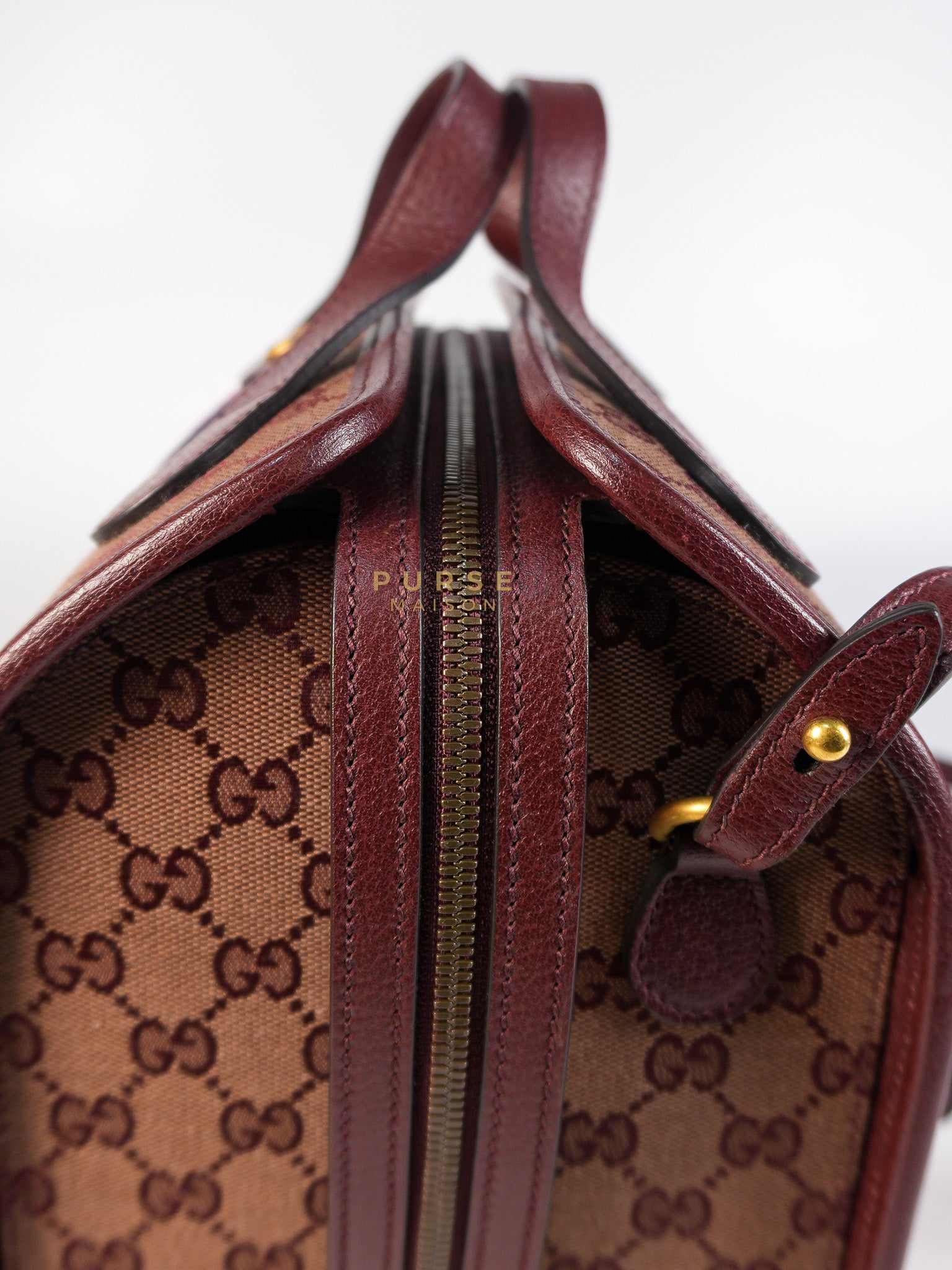 Ophidia GG Hand Shoulder Bag in Burgundy Supreme Canvas & Aged Gold Hardware | Purse Maison Luxury Bags Shop