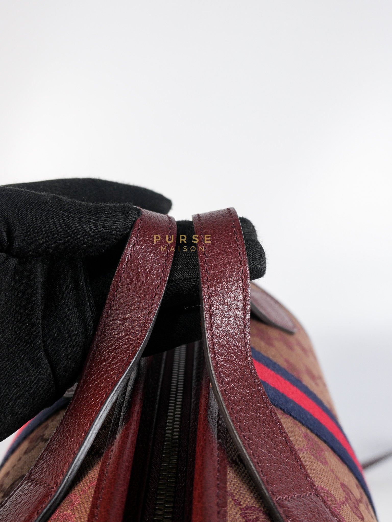 Ophidia GG Hand Shoulder Bag in Burgundy Supreme Canvas & Aged Gold Hardware | Purse Maison Luxury Bags Shop