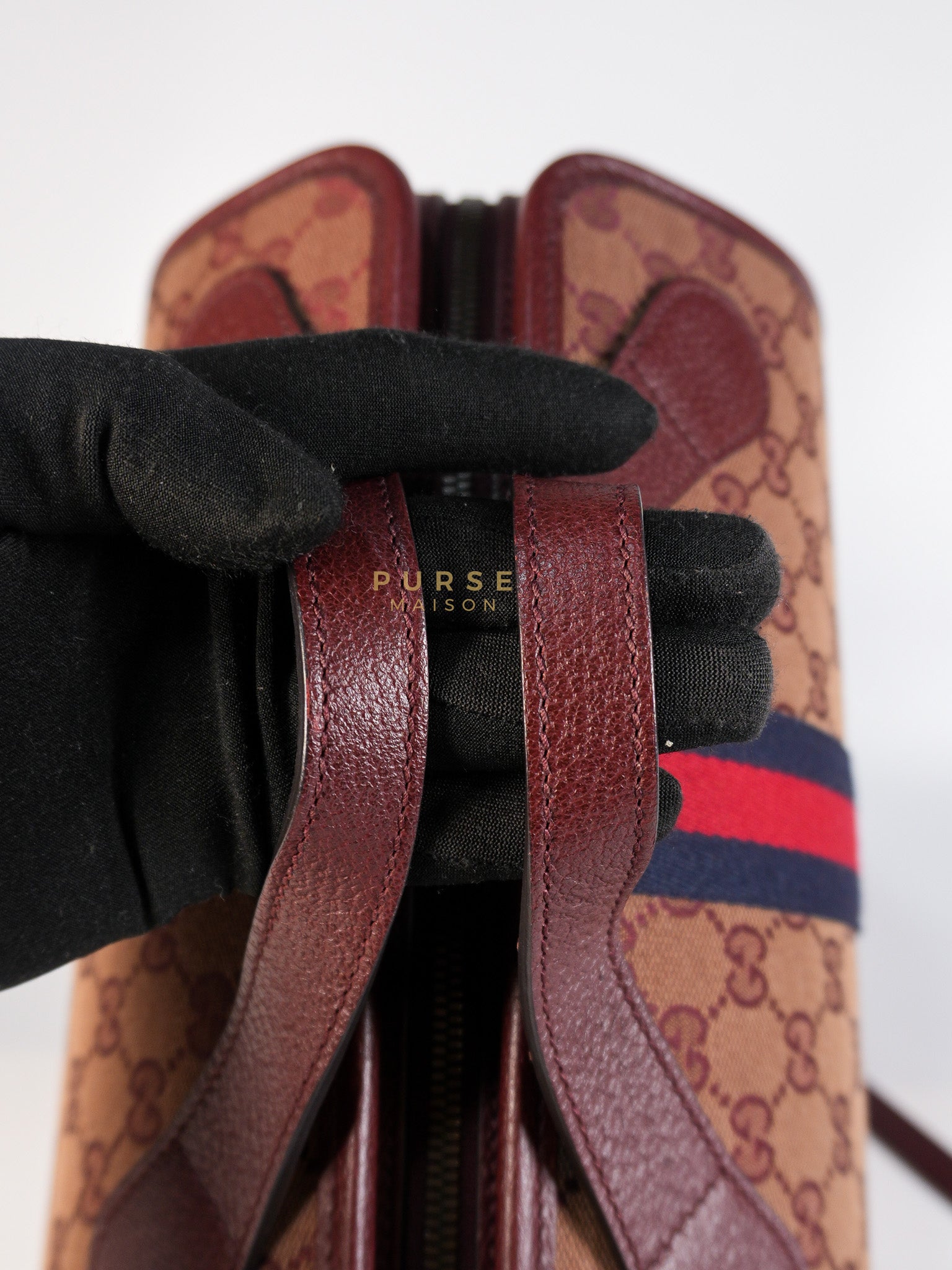 Ophidia GG Hand Shoulder Bag in Burgundy Supreme Canvas & Aged Gold Hardware | Purse Maison Luxury Bags Shop