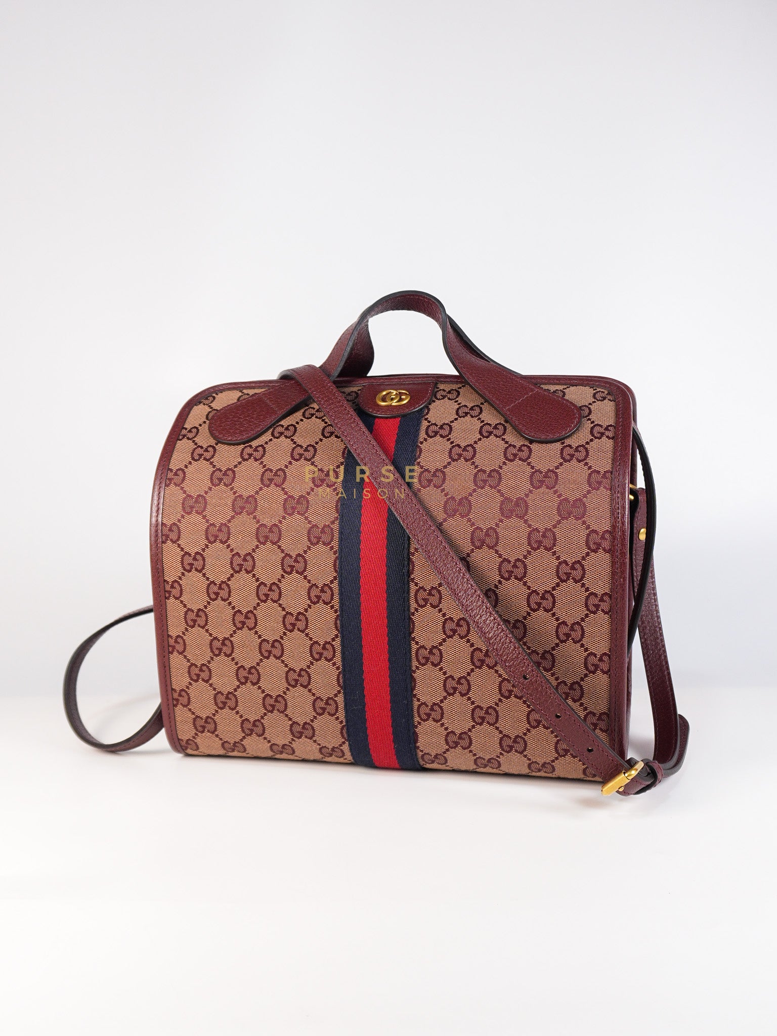 Ophidia GG Hand Shoulder Bag in Burgundy Supreme Canvas & Aged Gold Hardware | Purse Maison Luxury Bags Shop