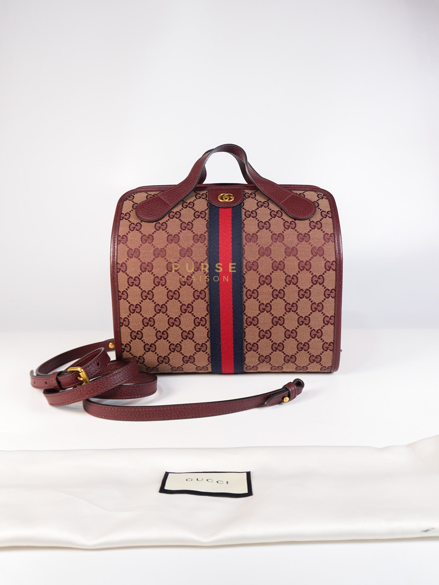 Ophidia GG Hand Shoulder Bag in Burgundy Supreme Canvas & Aged Gold Hardware | Purse Maison Luxury Bags Shop