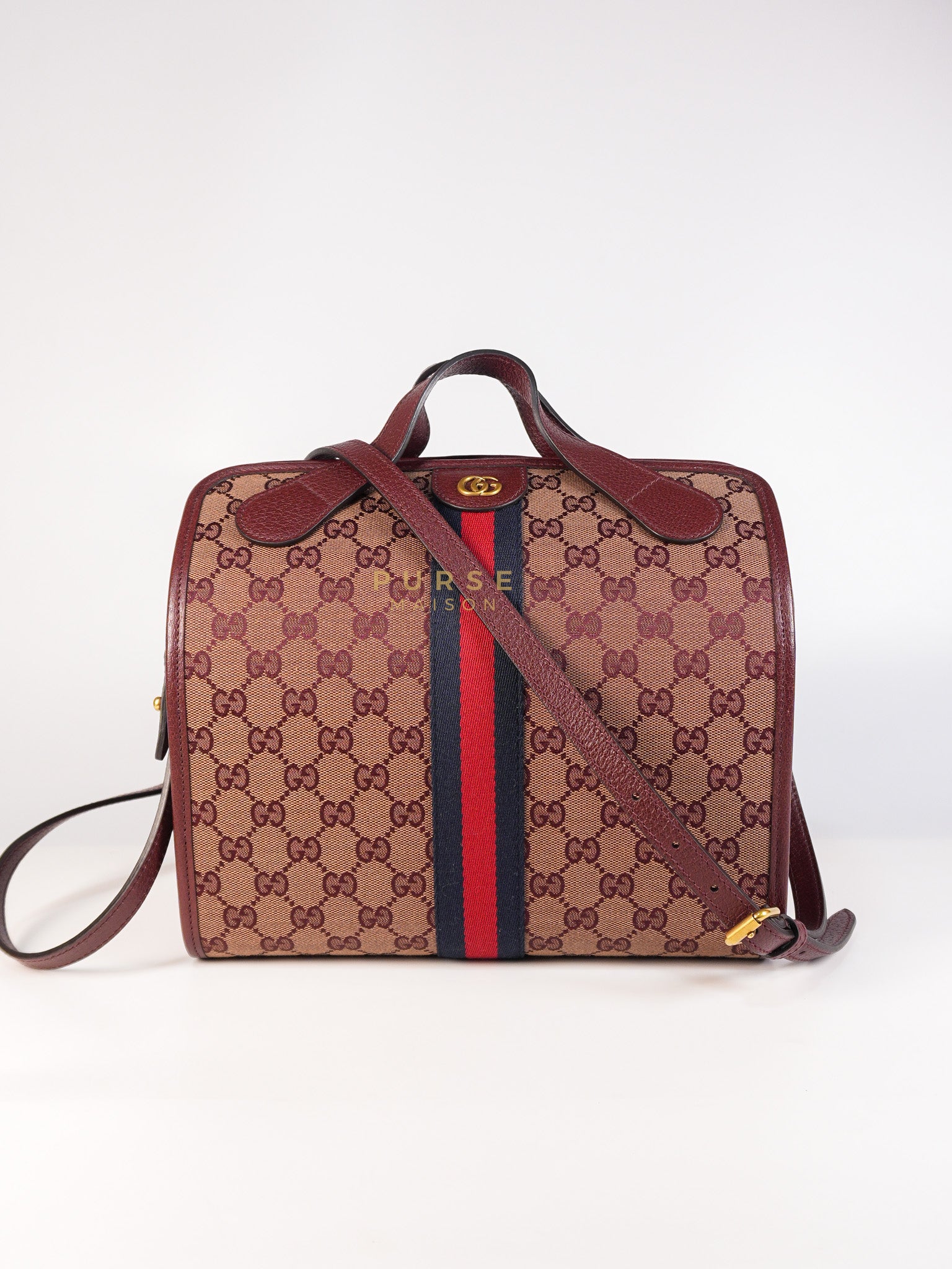 Ophidia GG Hand Shoulder Bag in Burgundy Supreme Canvas & Aged Gold Hardware | Purse Maison Luxury Bags Shop