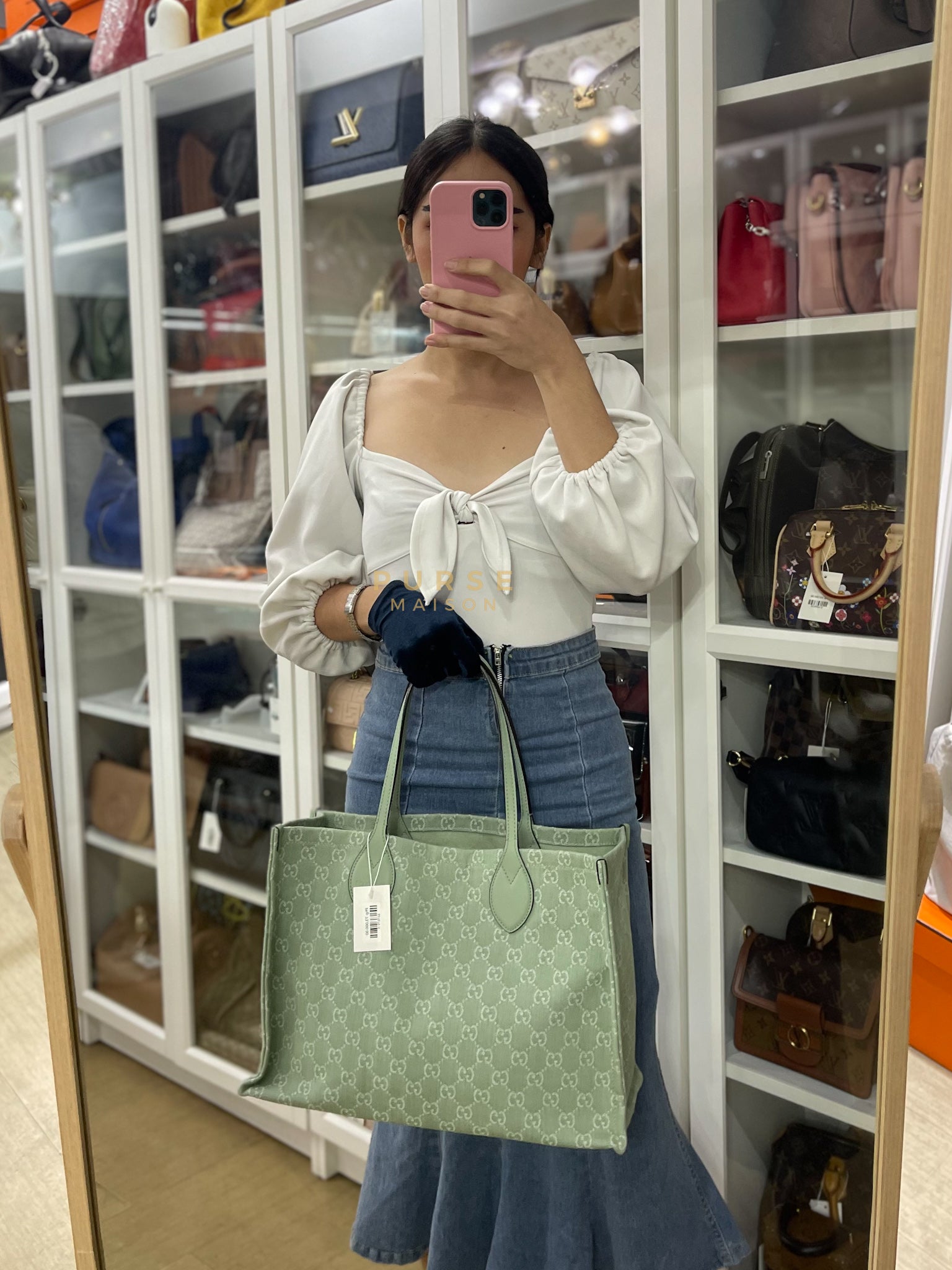 Ophidia GG Reversible Large Tote Bag in Dusty Sage Green | Purse Maison Luxury Bags Shop