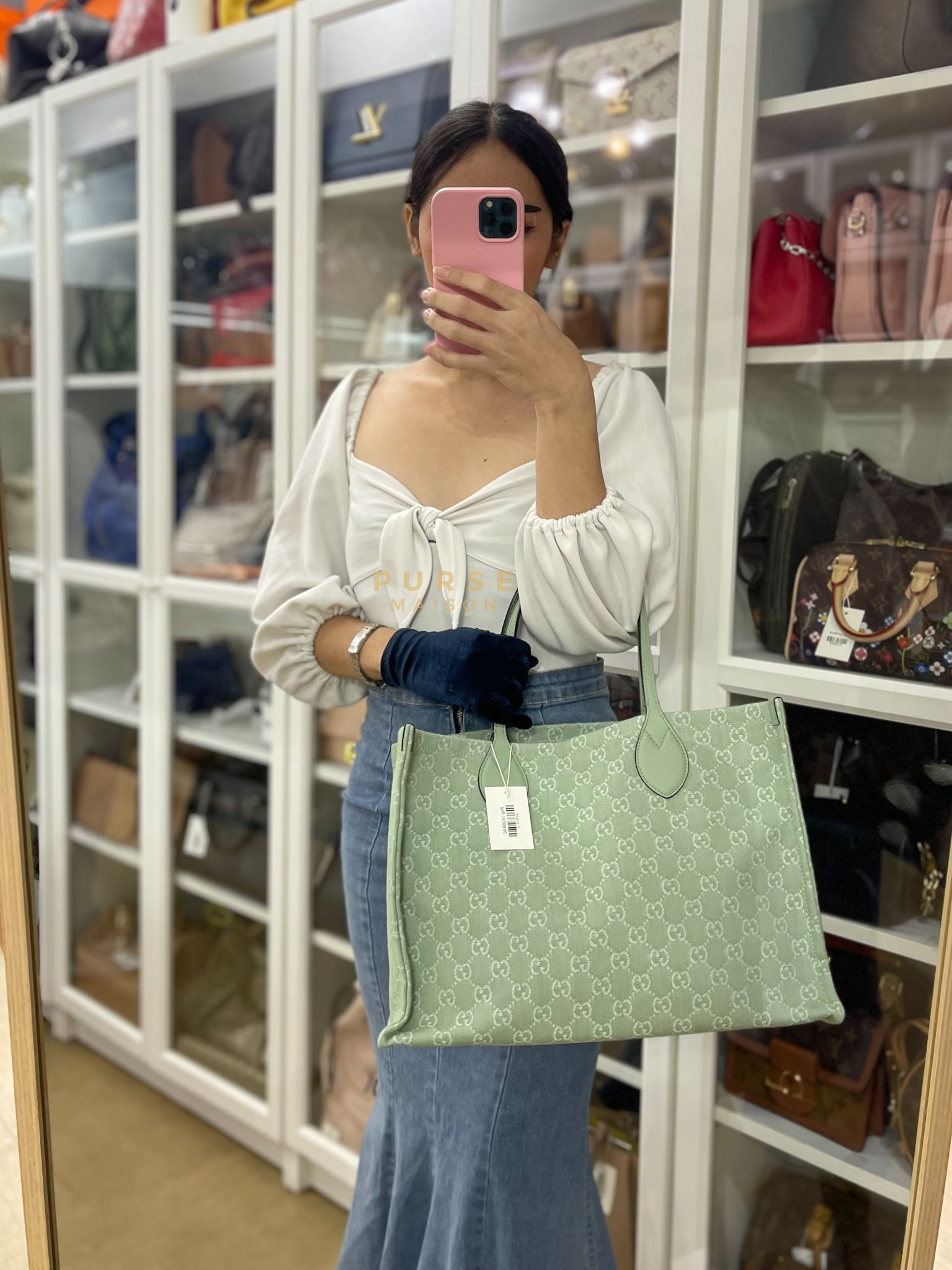 Ophidia GG Reversible Large Tote Bag in Dusty Sage Green | Purse Maison Luxury Bags Shop