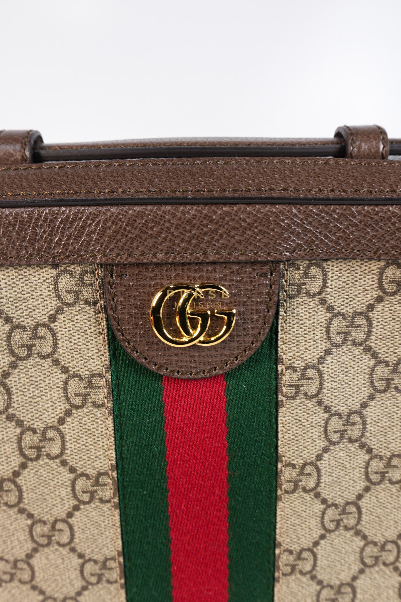 Ophidia GG Supreme Small Top Handle Shoulder Bag in Brown Monogram Web & Gold Hardware | Purse Maison Luxury Bags Shop