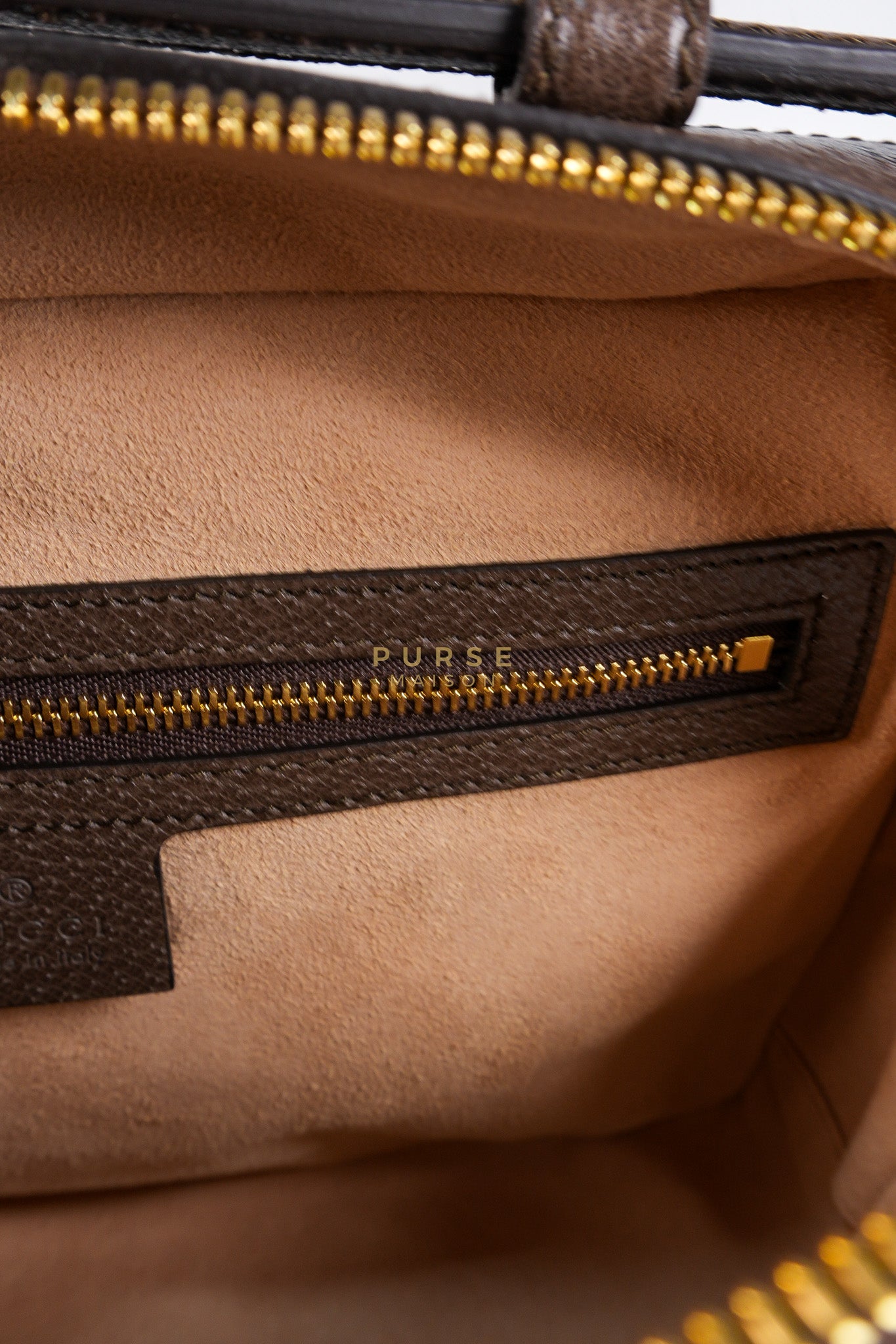 Ophidia GG Supreme Small Top Handle Shoulder Bag in Brown Monogram Web & Gold Hardware | Purse Maison Luxury Bags Shop
