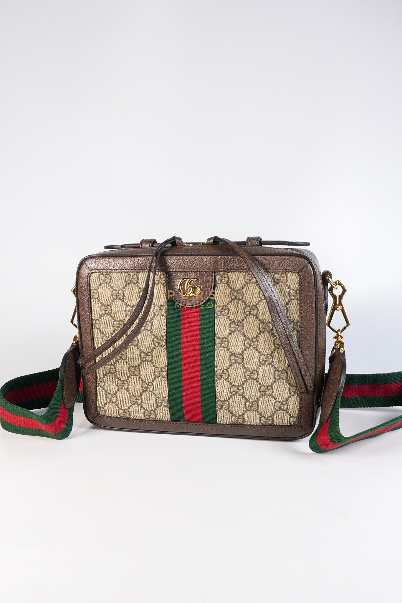 Ophidia GG Supreme Small Top Handle Shoulder Bag in Brown Monogram Web & Gold Hardware | Purse Maison Luxury Bags Shop