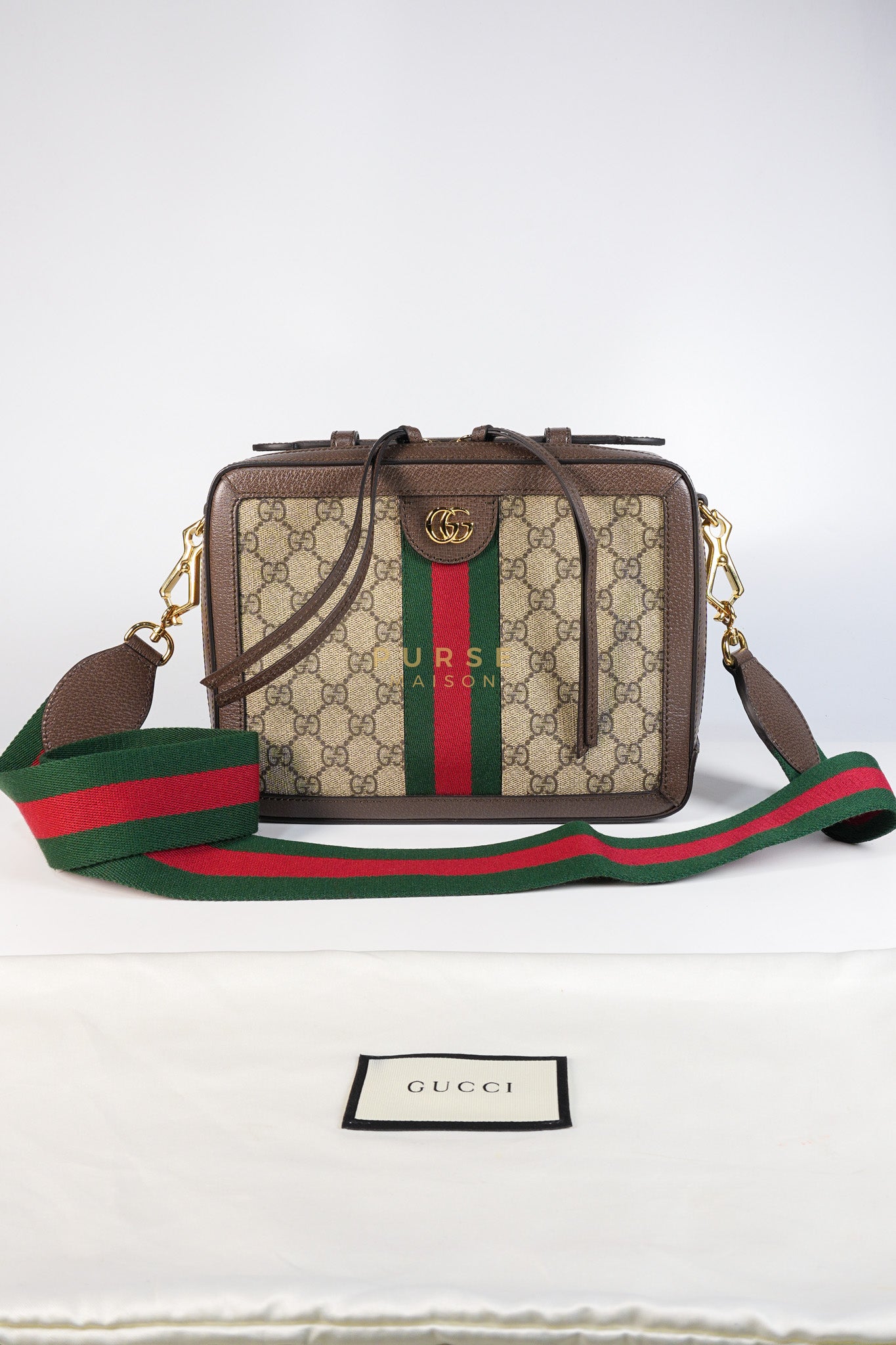 Ophidia GG Supreme Small Top Handle Shoulder Bag in Brown Monogram Web & Gold Hardware | Purse Maison Luxury Bags Shop