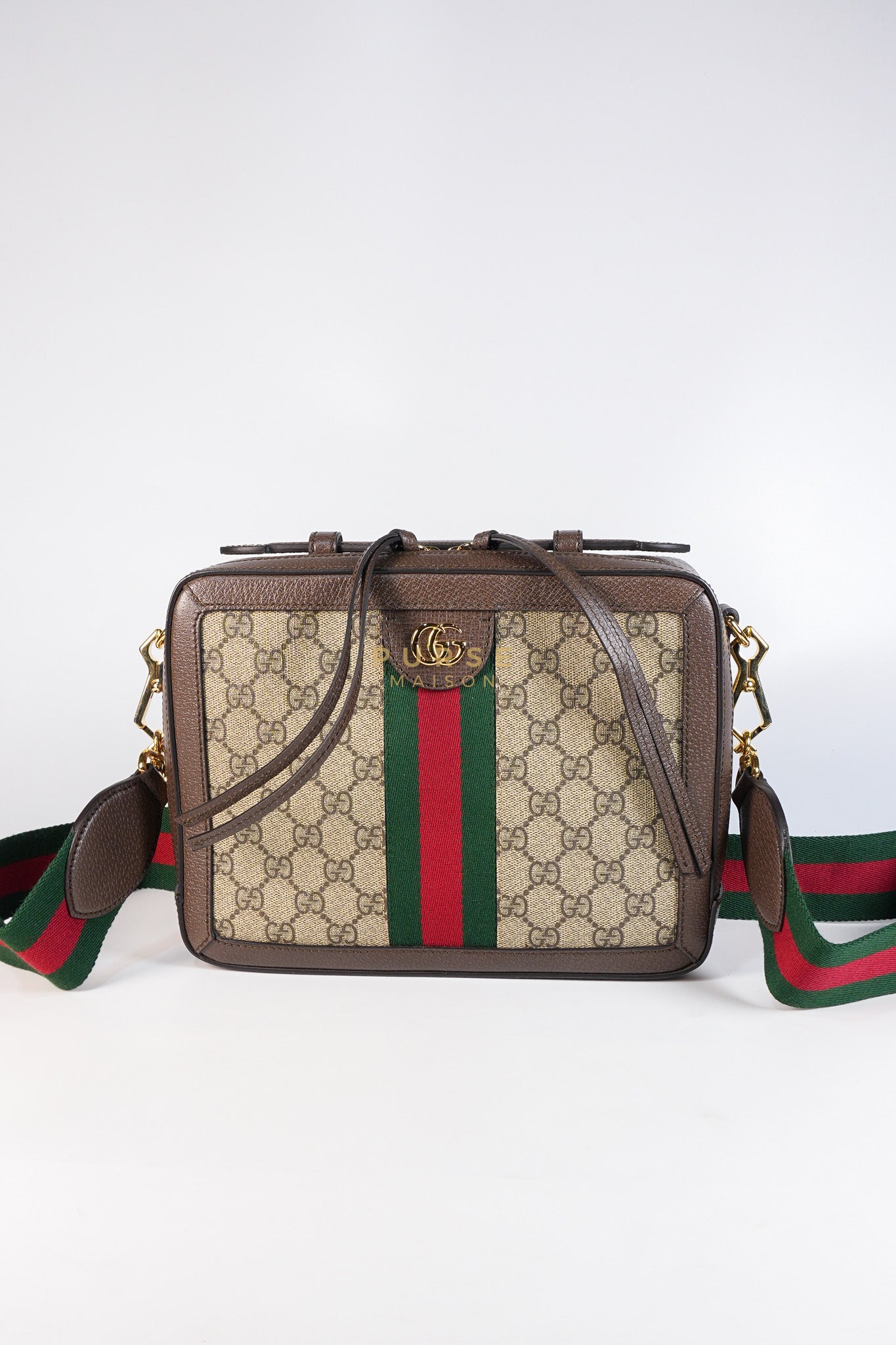 Ophidia GG Supreme Small Top Handle Shoulder Bag in Brown Monogram Web & Gold Hardware | Purse Maison Luxury Bags Shop