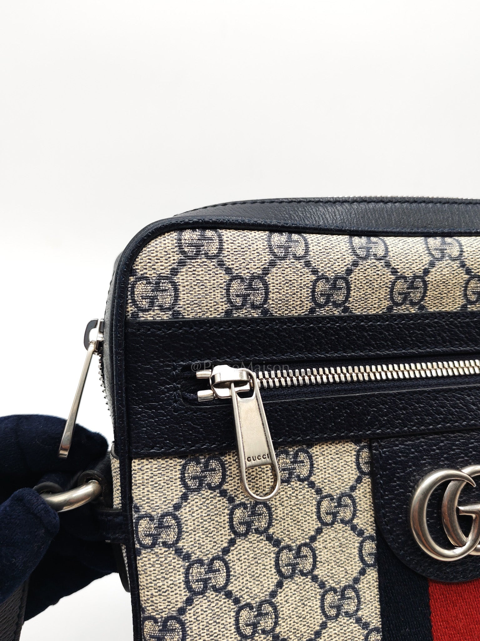 Ophidia Messenger Bag Small in Navy Blue GG Supreme Monogram Canvas & Silver Hardware | Purse Maison Luxury Bags Shop