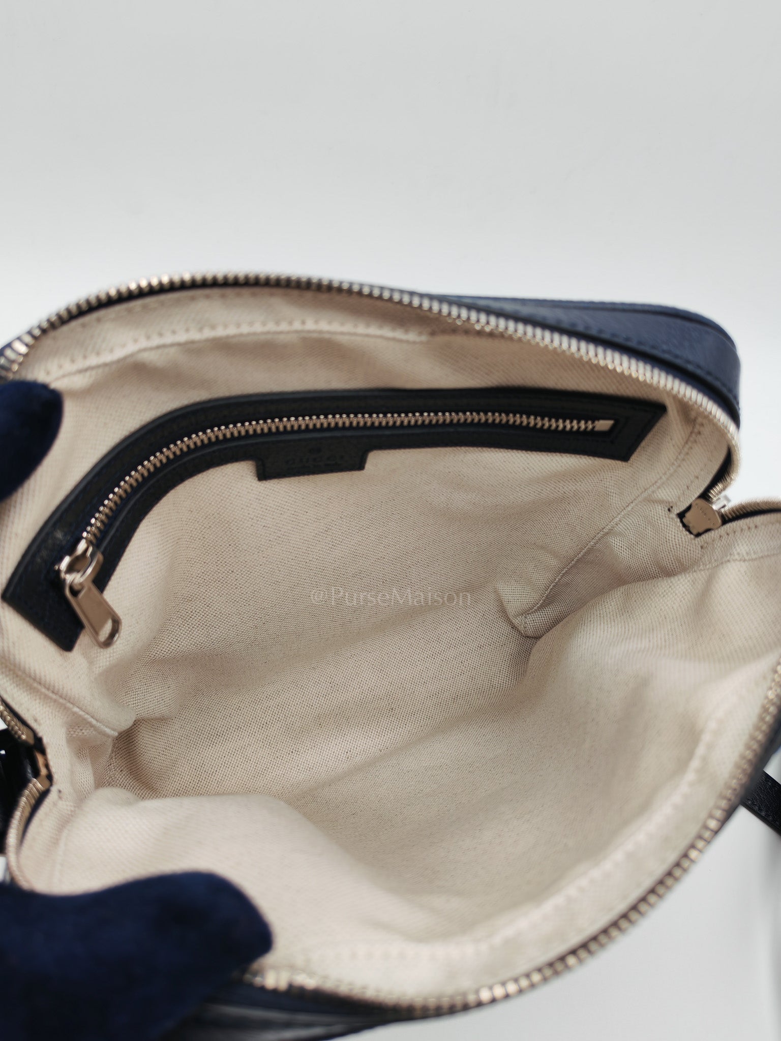 Ophidia Messenger Bag Small in Navy Blue GG Supreme Monogram Canvas & Silver Hardware | Purse Maison Luxury Bags Shop