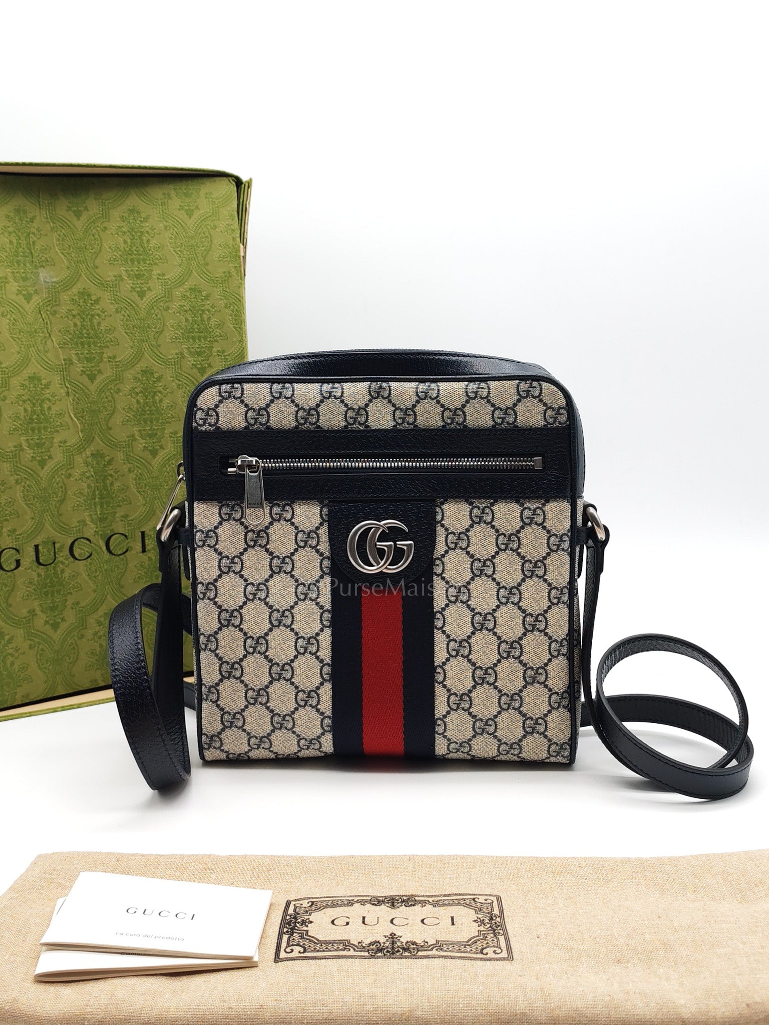 Ophidia Messenger Bag Small in Navy Blue GG Supreme Monogram Canvas & Silver Hardware | Purse Maison Luxury Bags Shop