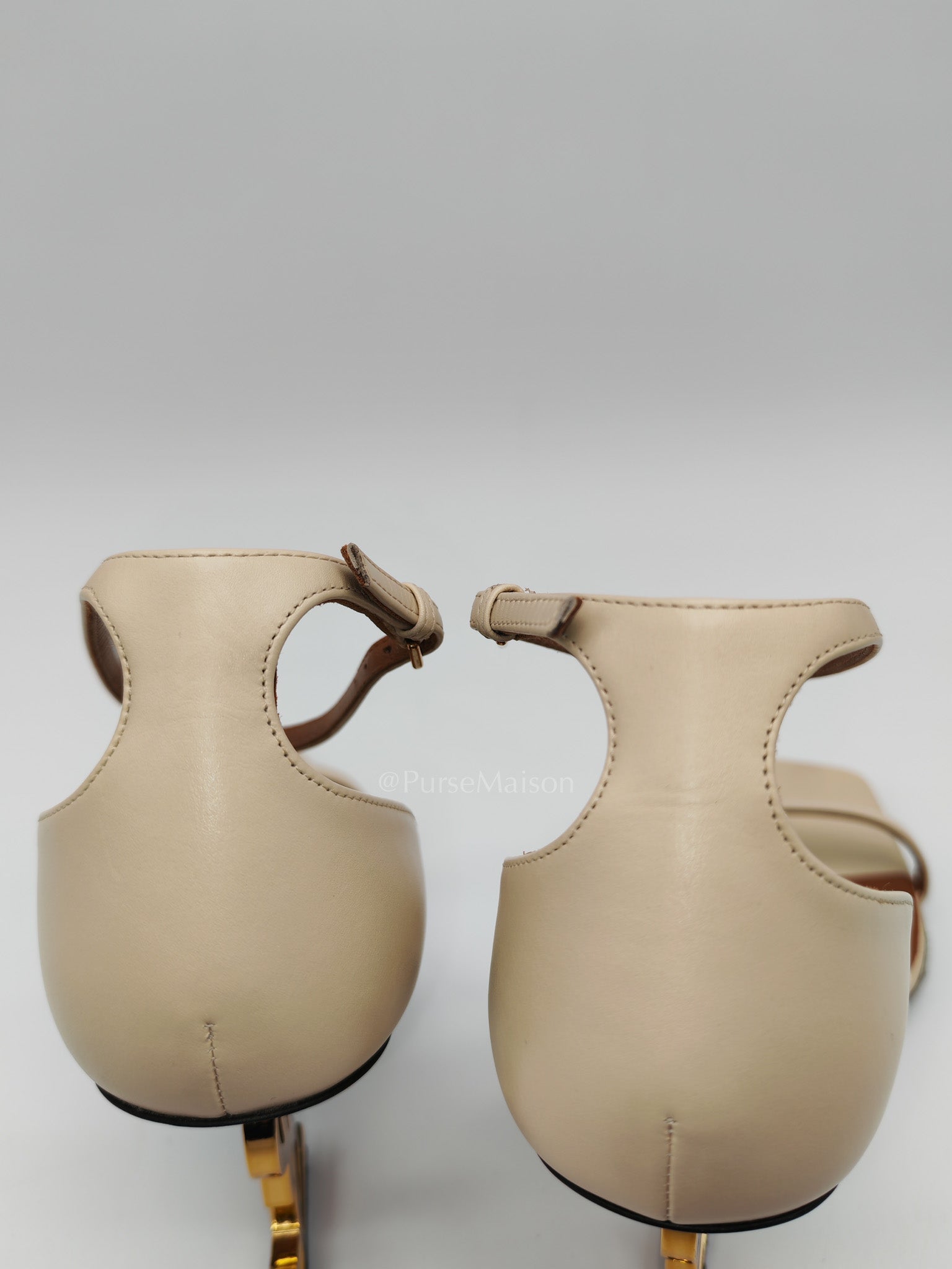 Opyum Logo Heel Sandals in Light Beige Calfskin Leather Size 37.5 EU (23.5 cm) | Purse Maison Luxury Bags Shop