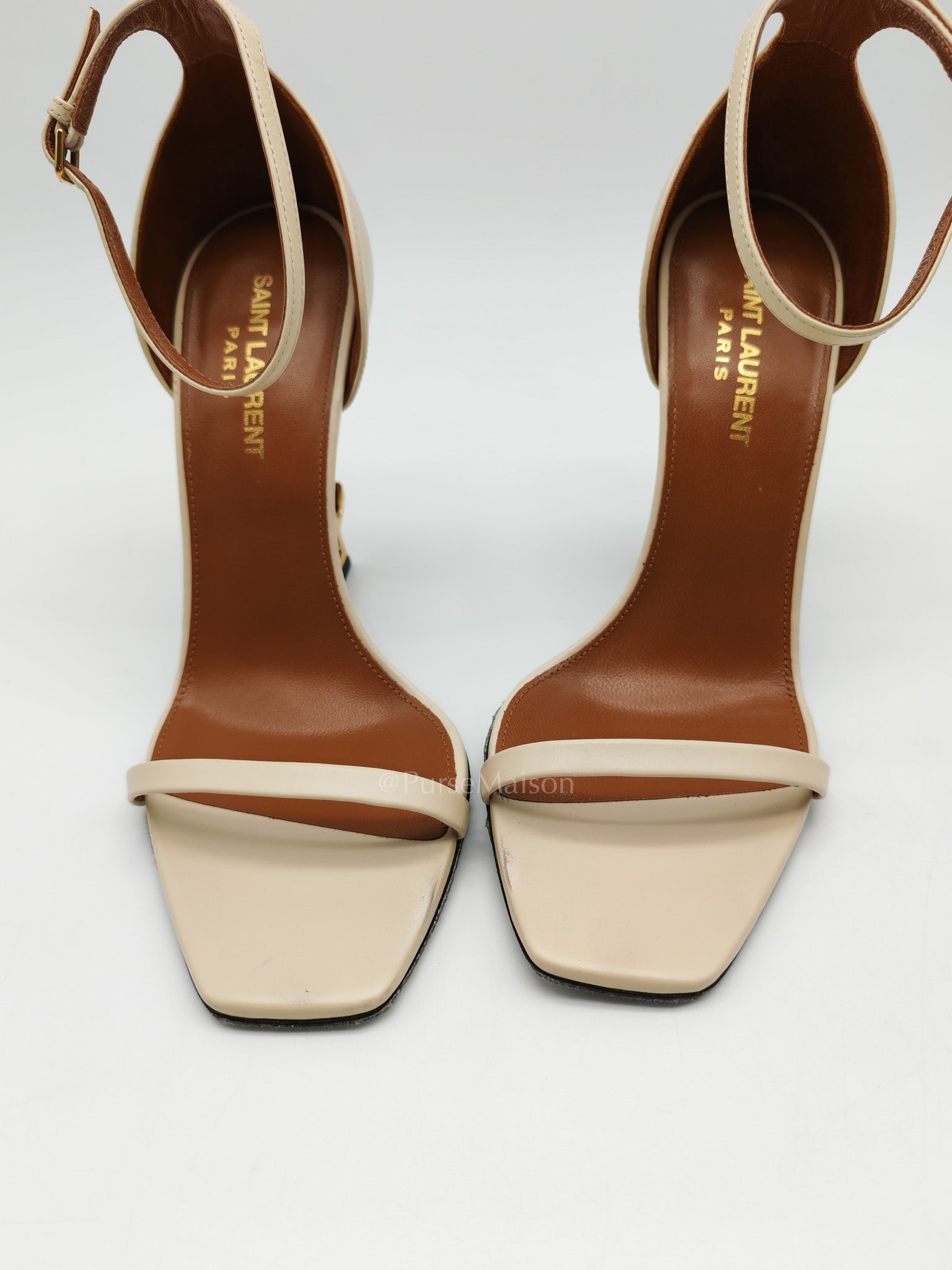 Opyum Logo Heel Sandals in Light Beige Calfskin Leather Size 37.5 EU (23.5 cm) | Purse Maison Luxury Bags Shop