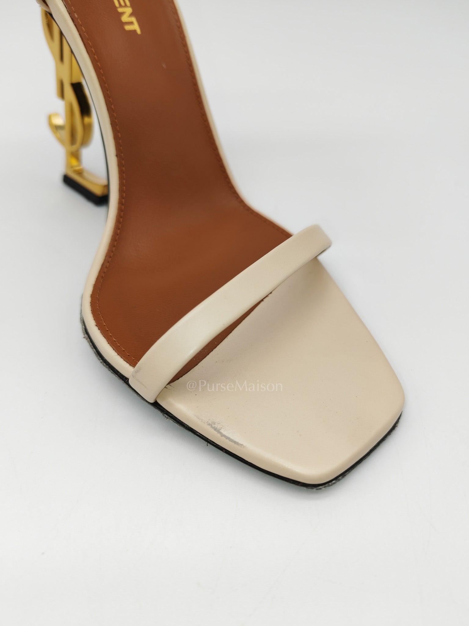 Opyum Logo Heel Sandals in Light Beige Calfskin Leather Size 37.5 EU (23.5 cm) | Purse Maison Luxury Bags Shop