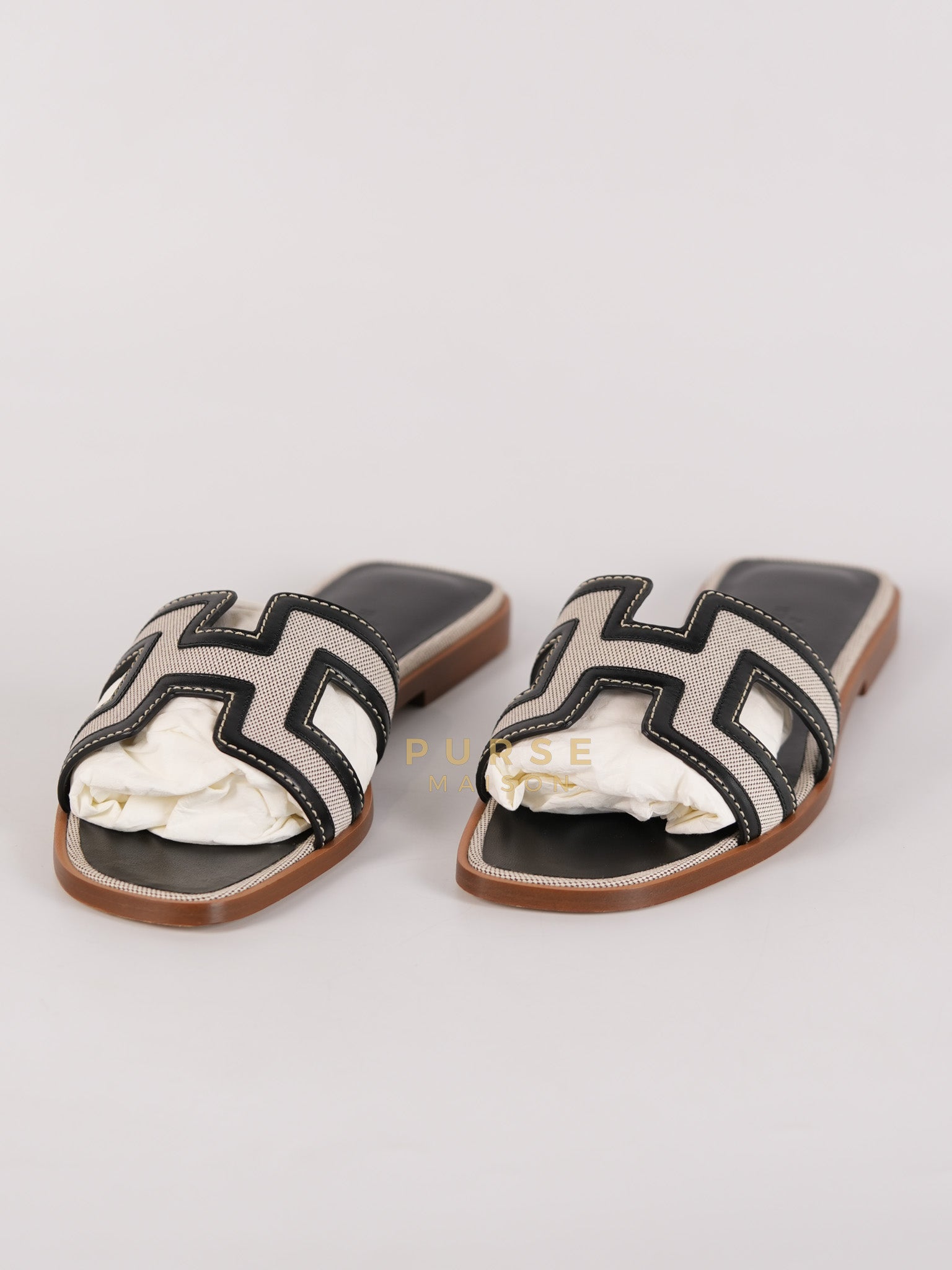 Oran Canvas and Calskin Leather Sandals Size 37 EU (23cm) | Purse Maison Luxury Bags Shop