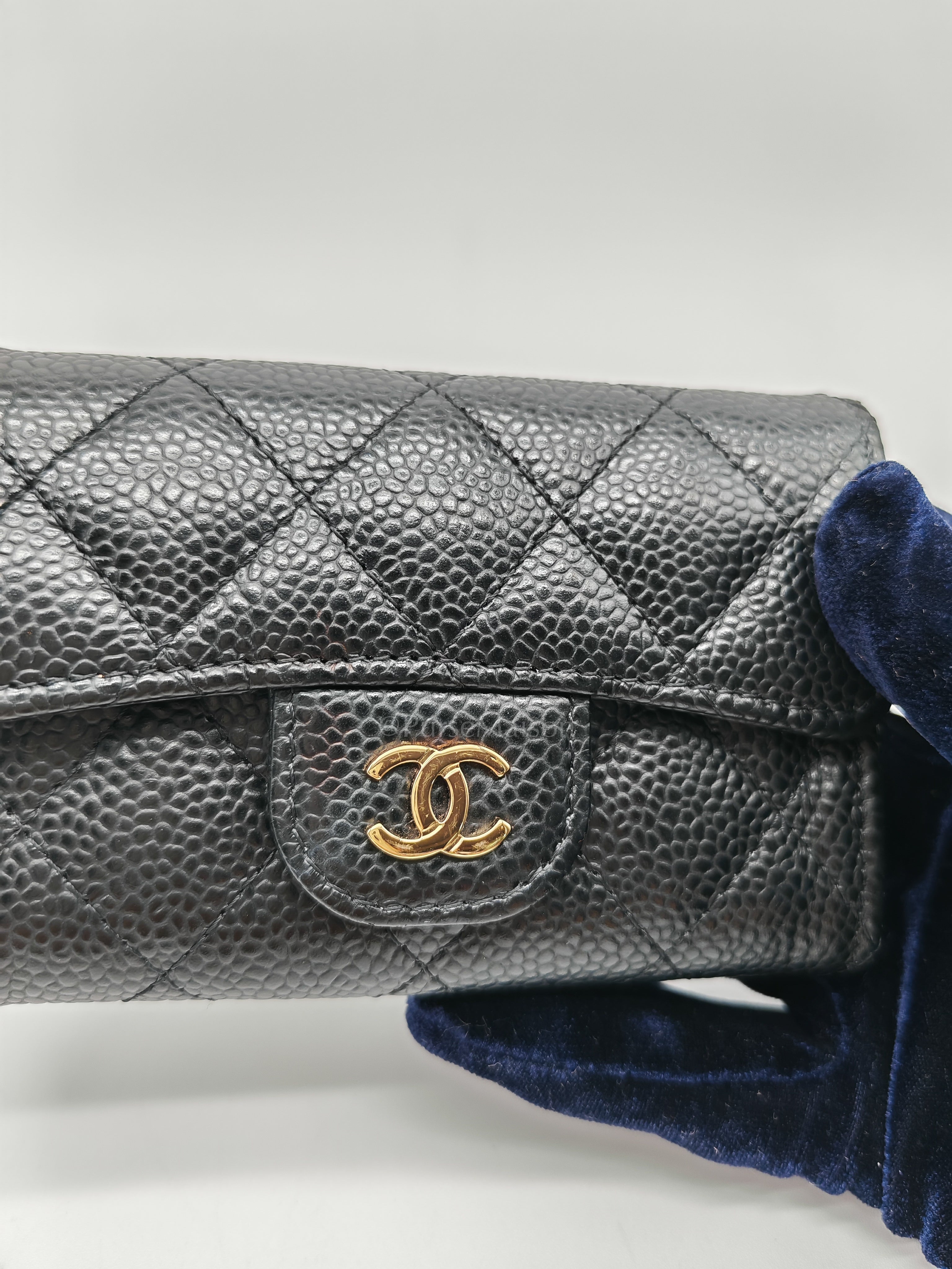 Classic Card Holder Flap Caviar Leather in Gold Hardware (Microchip)
