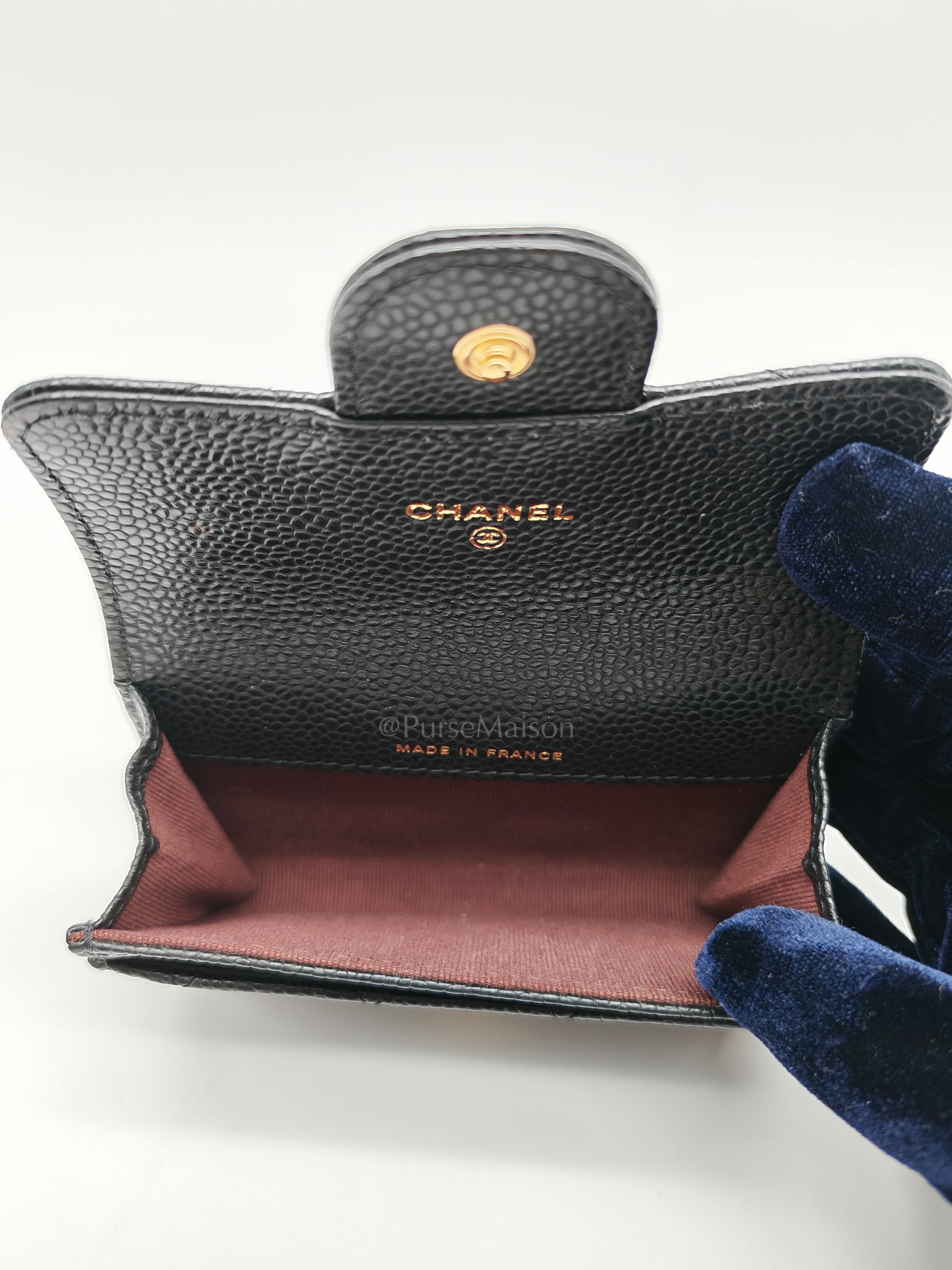 Classic Card Holder Flap Caviar Leather in Gold Hardware (Microchip)