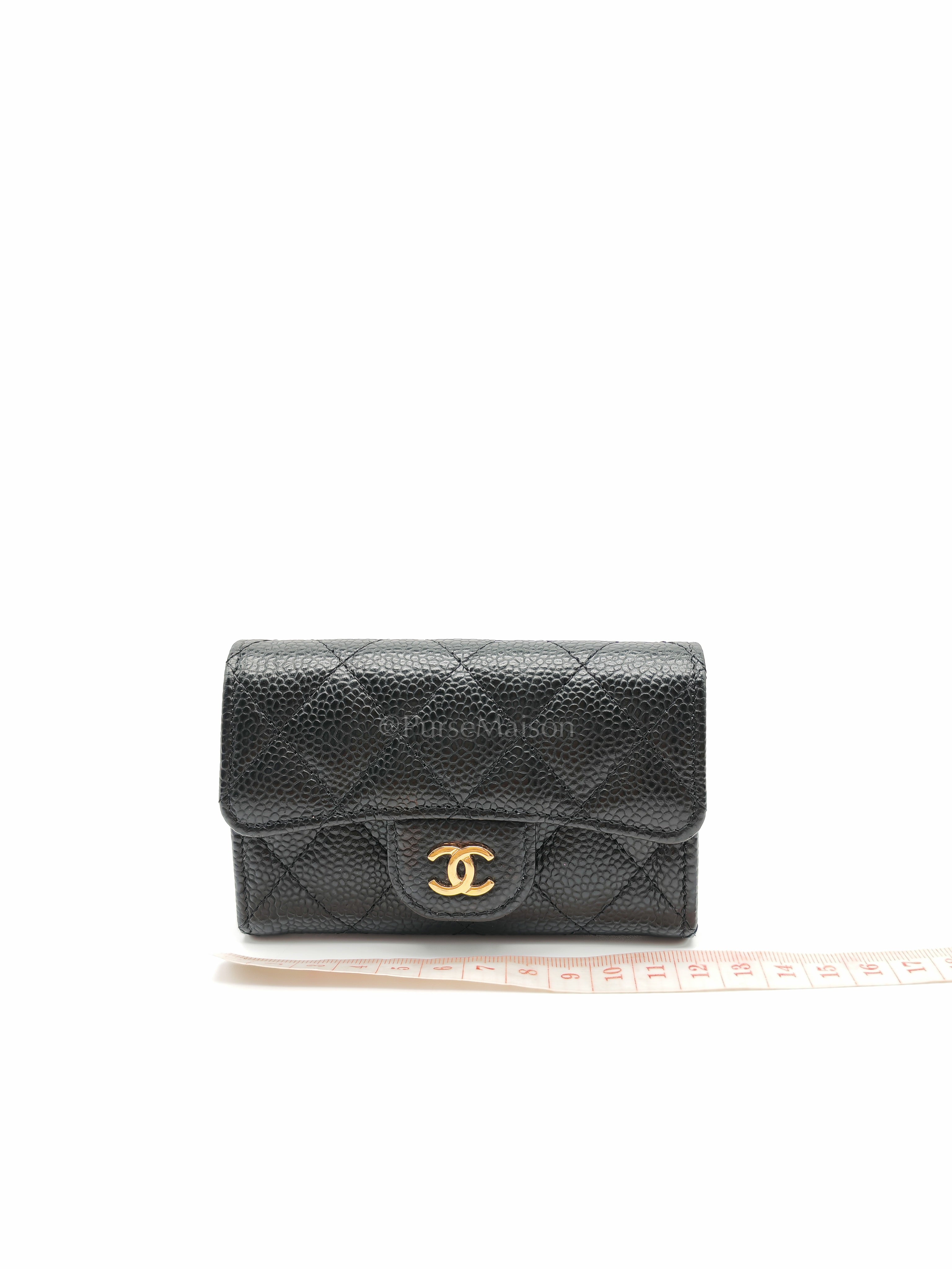 Classic Card Holder Flap Caviar Leather in Gold Hardware (Microchip)