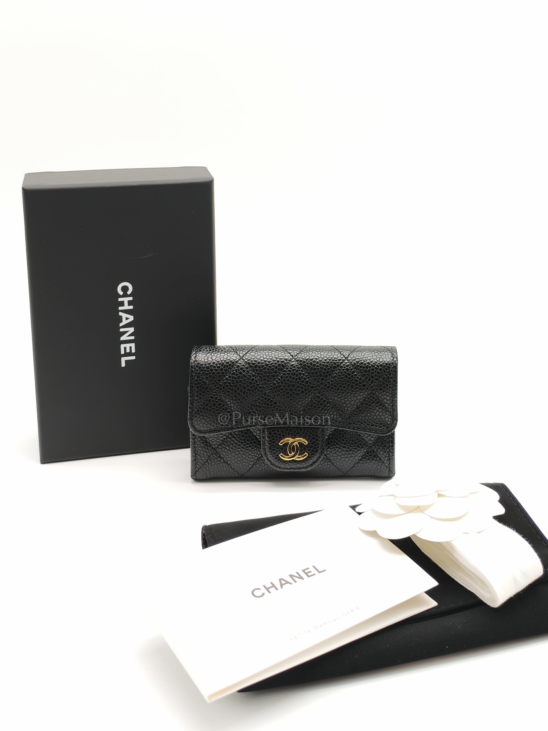 Classic Card Holder Flap Caviar Leather in Gold Hardware (Microchip)