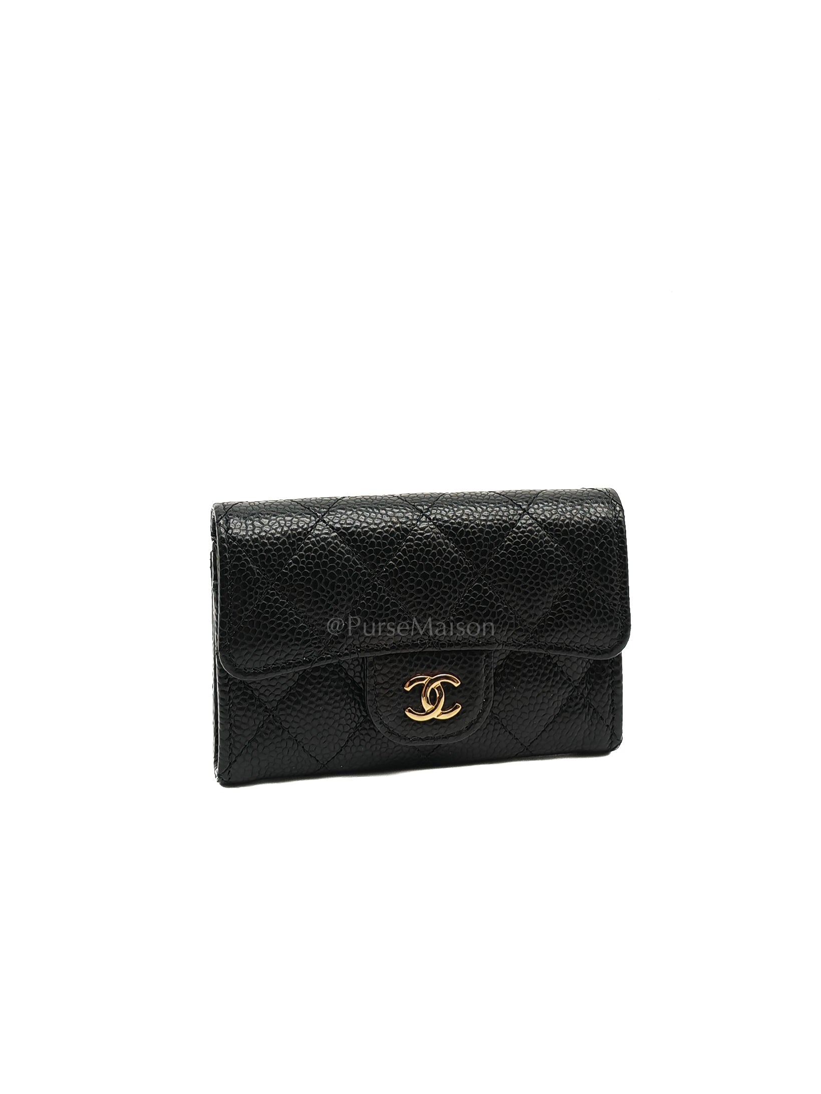 Classic Card Holder Flap Caviar Leather in Gold Hardware (Microchip)