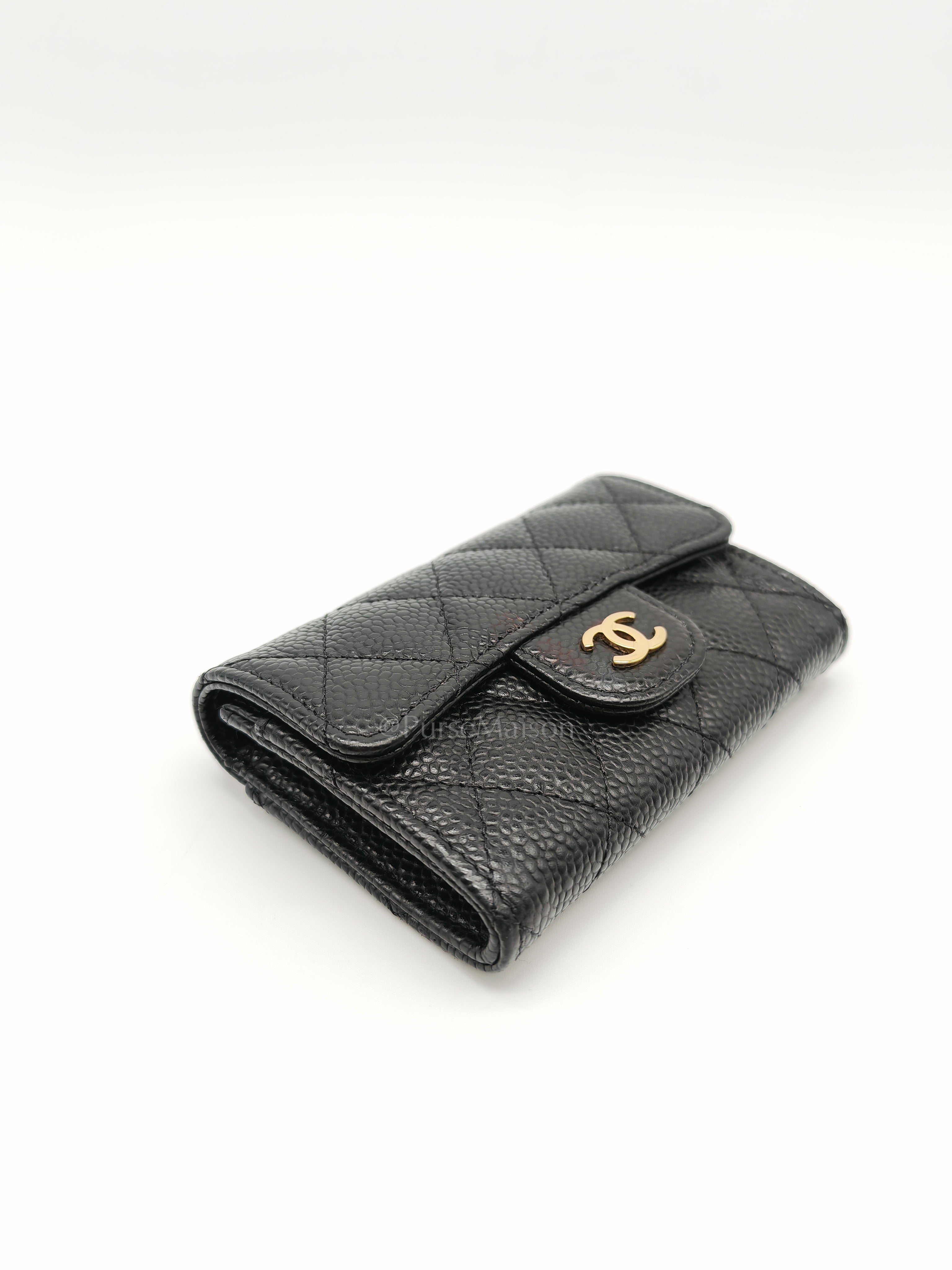 Classic Card Holder Flap Caviar Leather in Gold Hardware (Microchip)