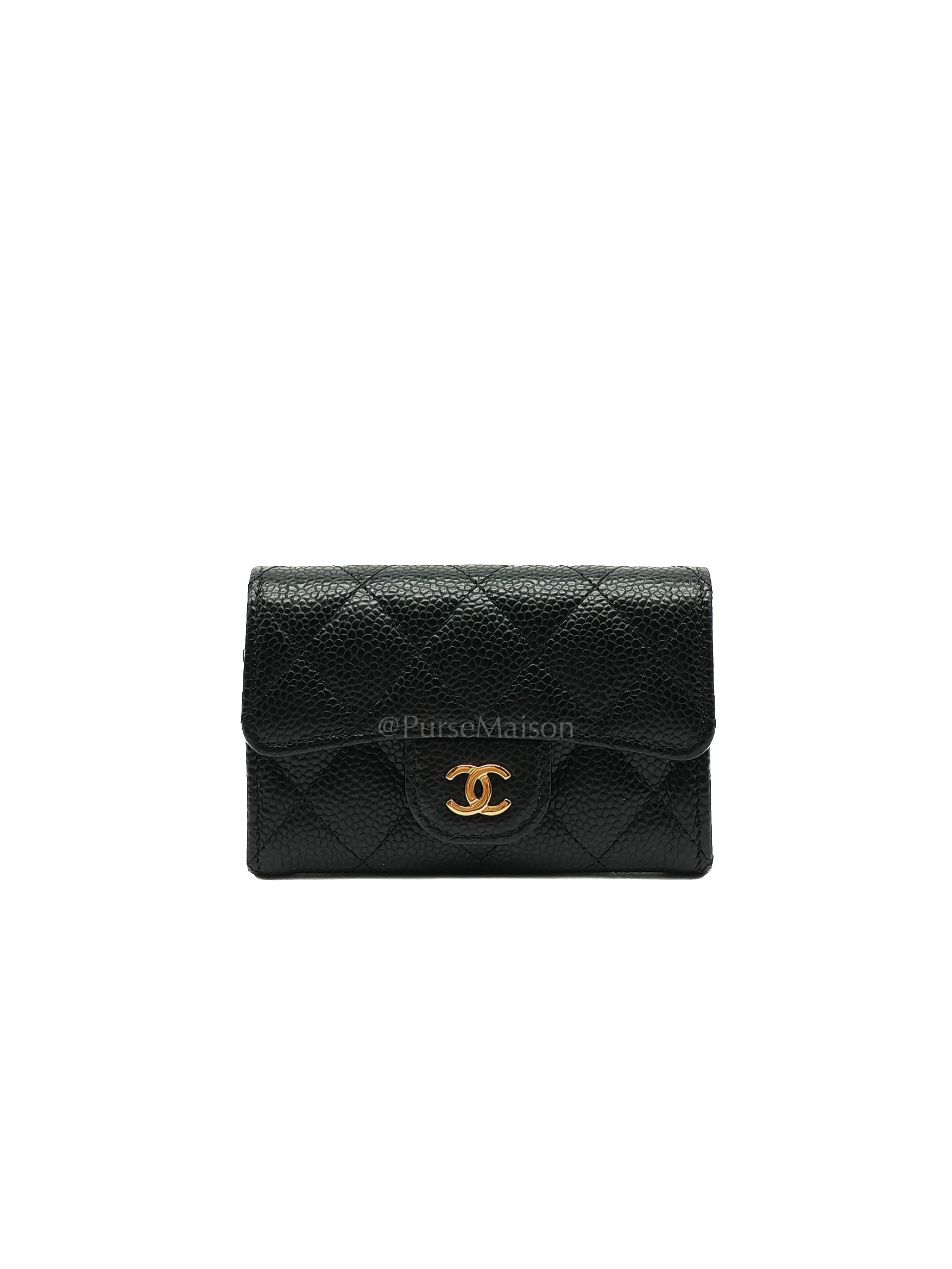 Classic Card Holder Flap Caviar Leather in Gold Hardware (Microchip)
