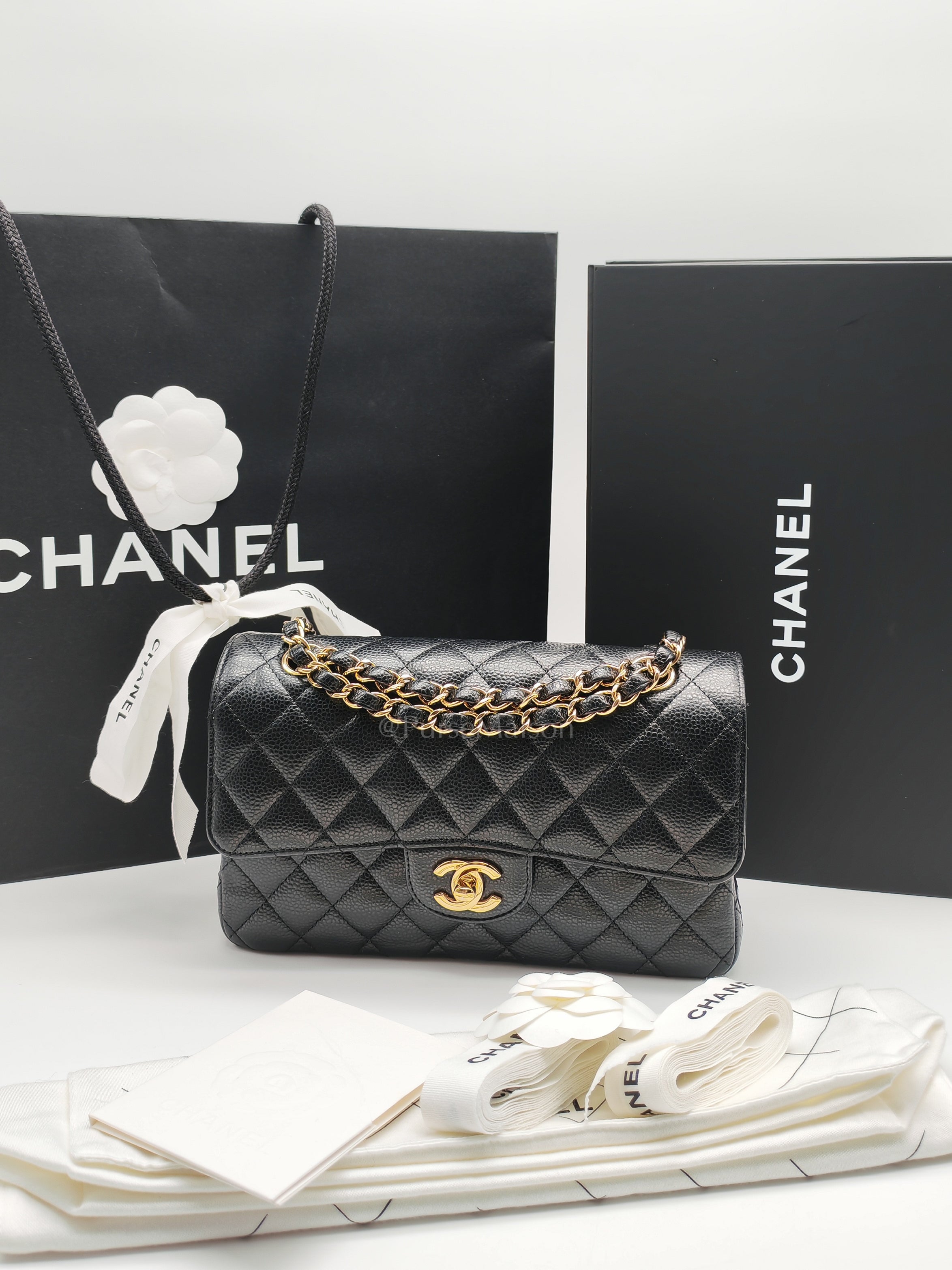 Classic Double Flap Small in Black Caviar Leather and Gold Hardware (Microchip) Year 2025