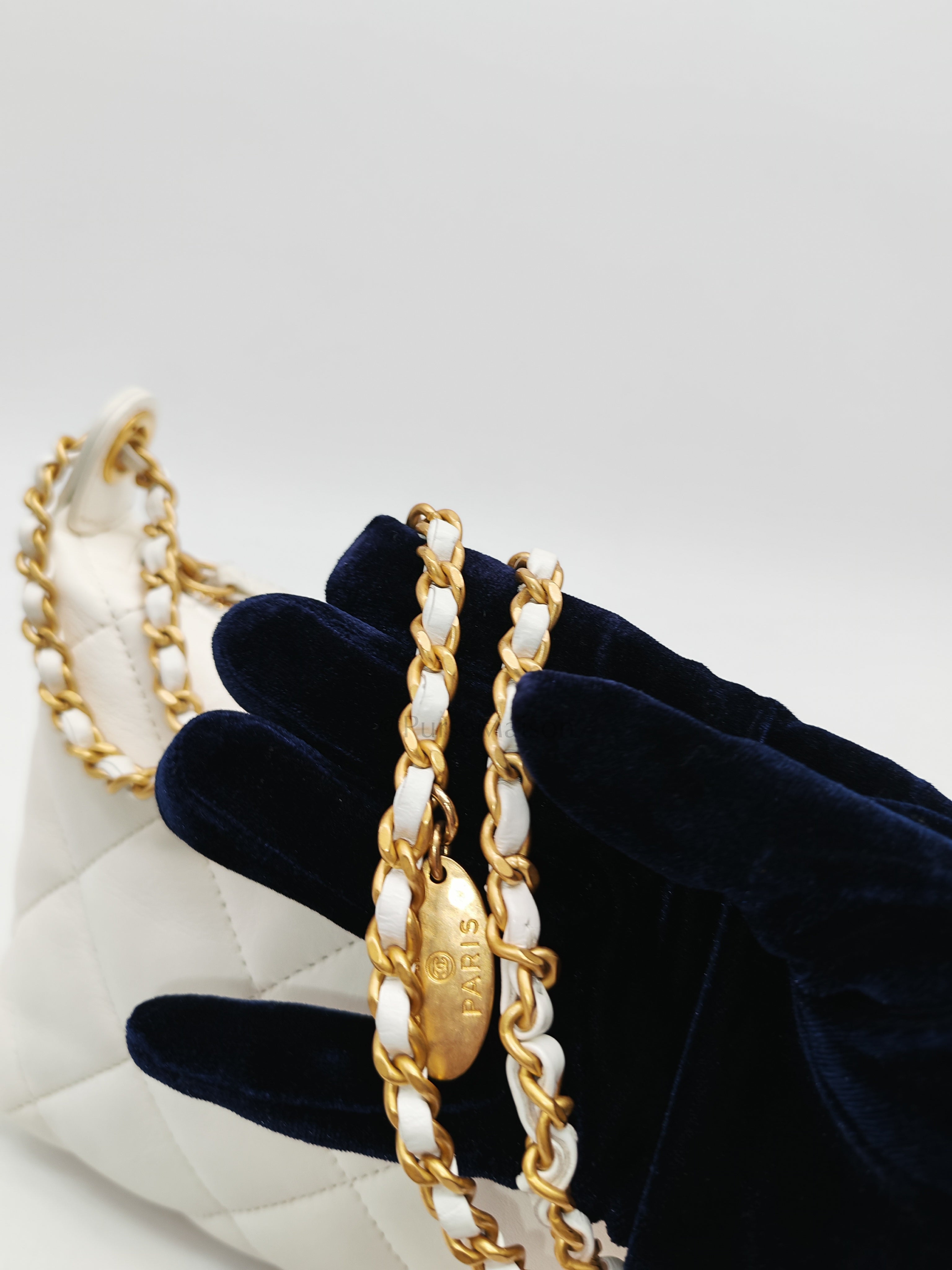 Hobo Bag in White Lambskin Leather and Aged Gold Hardware (Microchip)