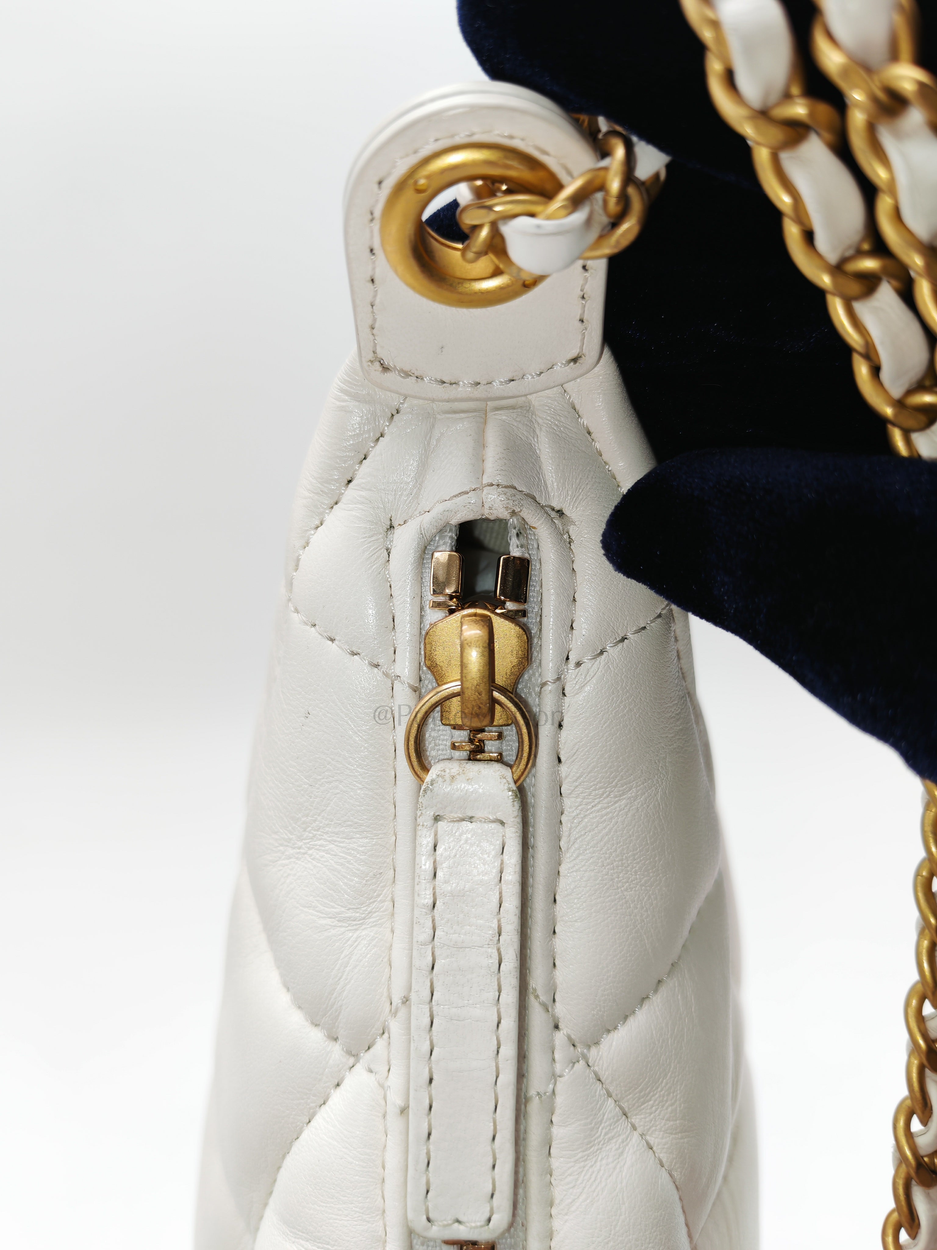 Hobo Bag in White Lambskin Leather and Aged Gold Hardware (Microchip)