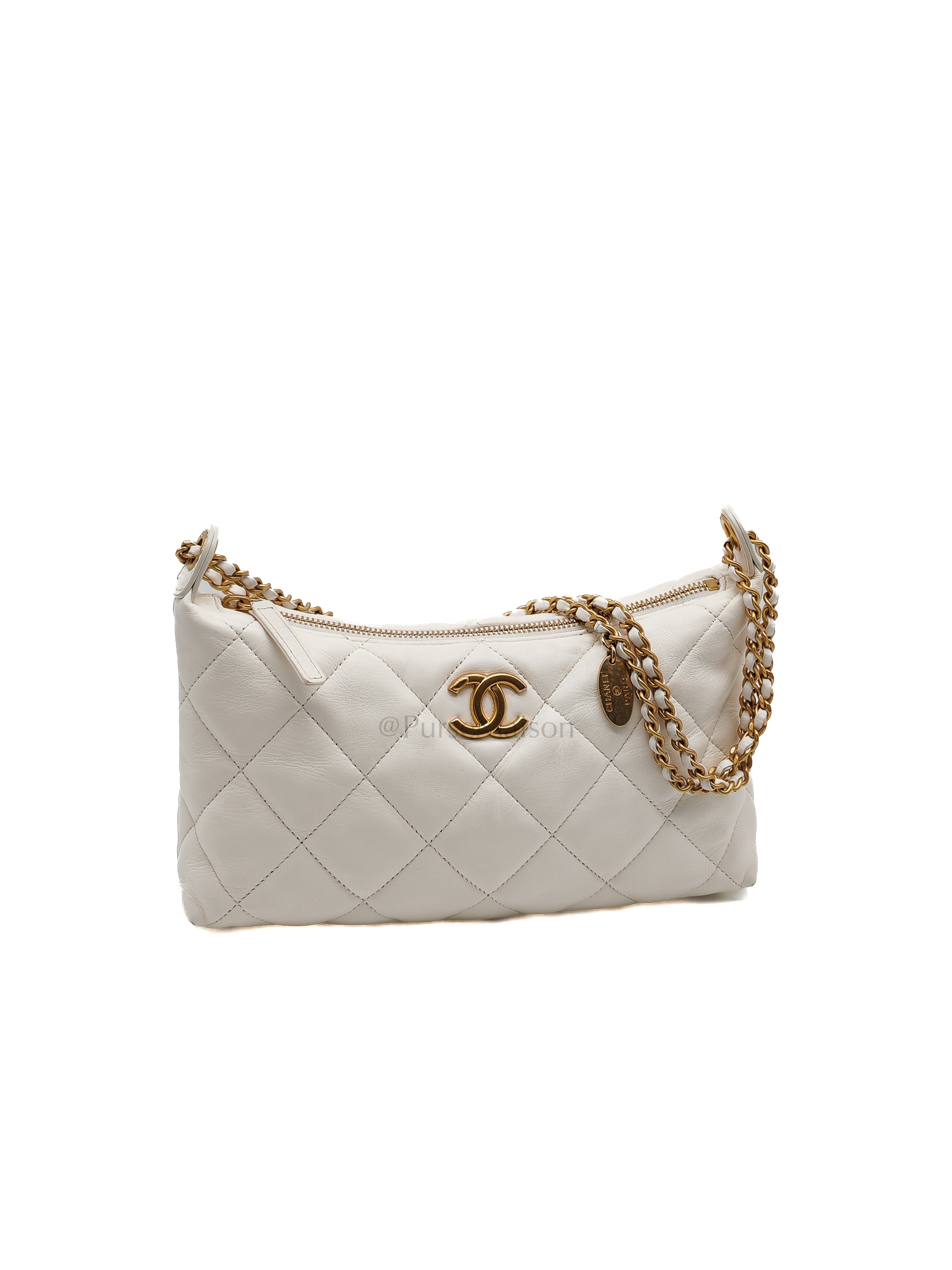 Hobo Bag in White Lambskin Leather and Aged Gold Hardware (Microchip)