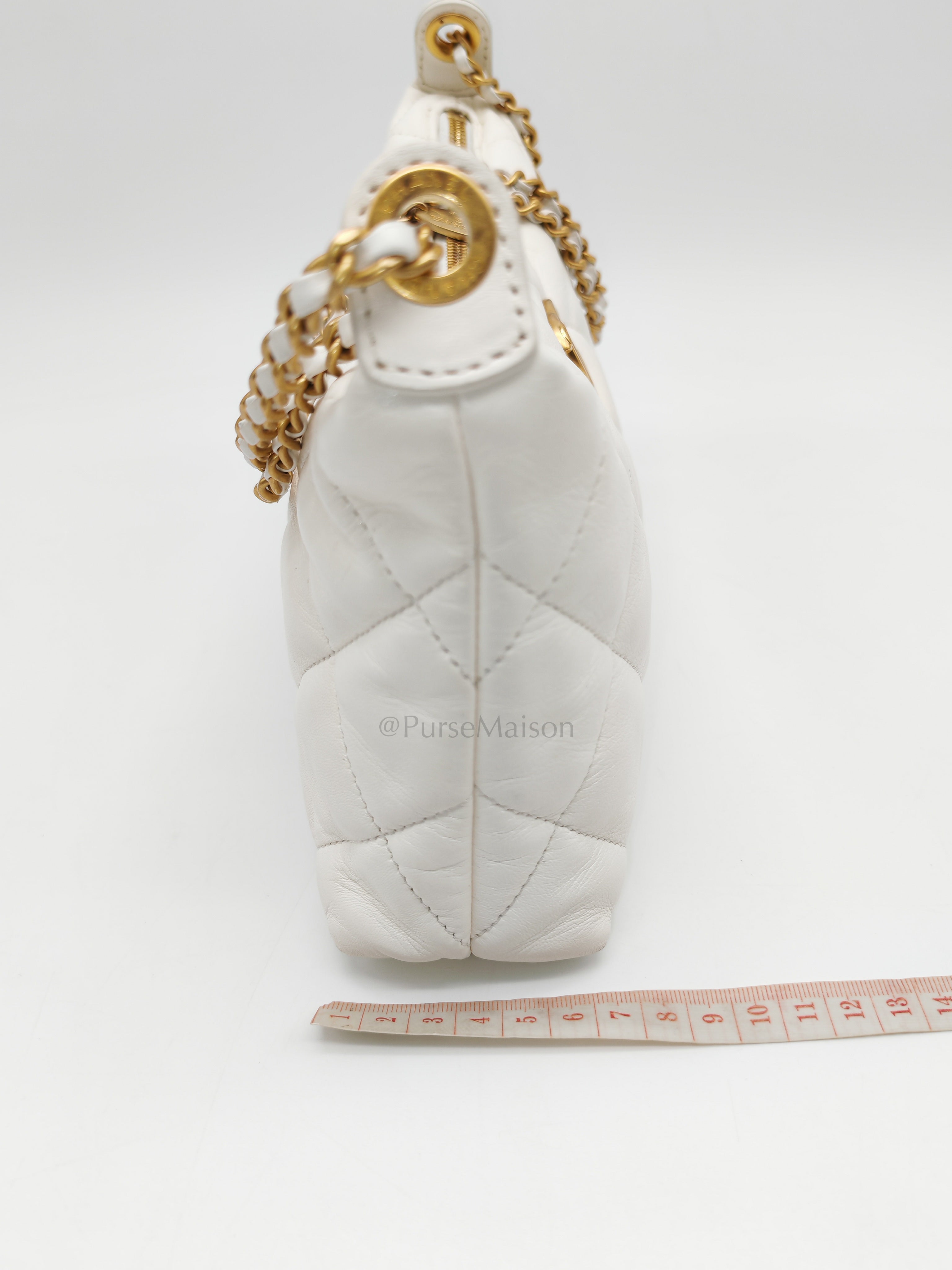 Hobo Bag in White Lambskin Leather and Aged Gold Hardware (Microchip)